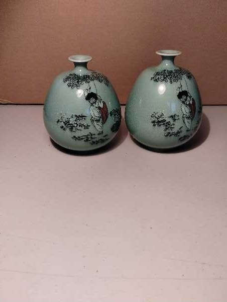 Vintage Asian Ceramic 7" Vase Set Celadon Glaze Girl On A Swing Scene