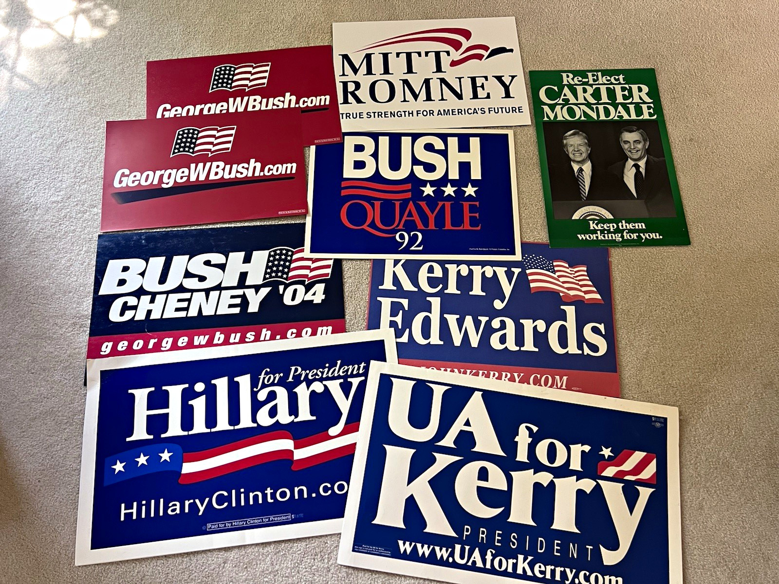 Vintage Political Campaign Sign Lot Bush Kerry Romney Clinton Carter 1992-2004