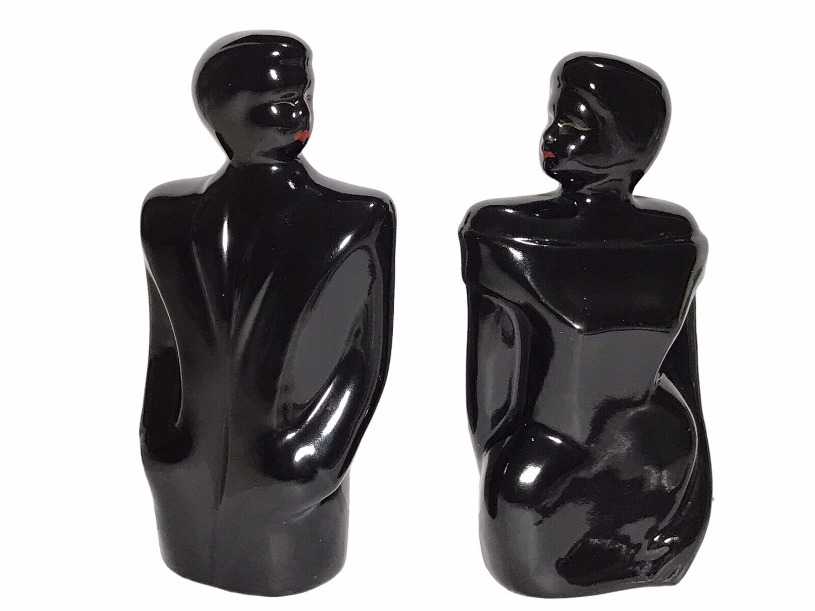 Art Deco Black Glazed Ceramic Man & Woman Bust Figurine Set 1980s Home Decor