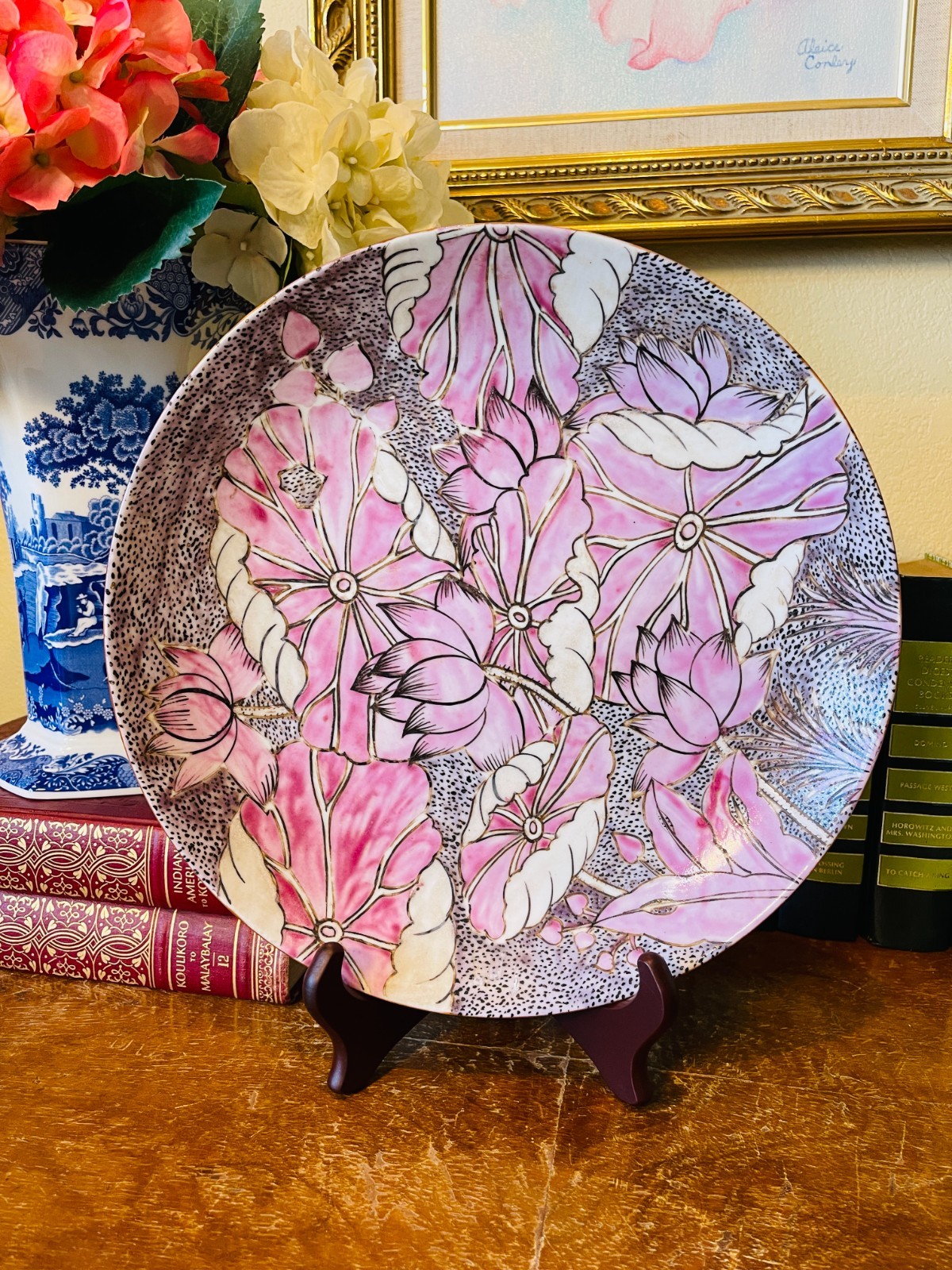 Vintage Asian Chinoiserie Porcelain Pink Floral Charger Plate