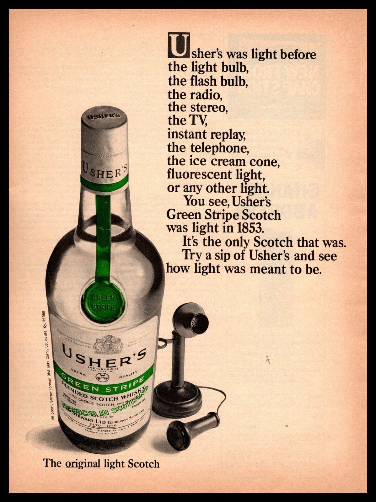 1968 Usher's Green Stripe Scotch Whisky Candlestick Telephone Vintage Print Ad
