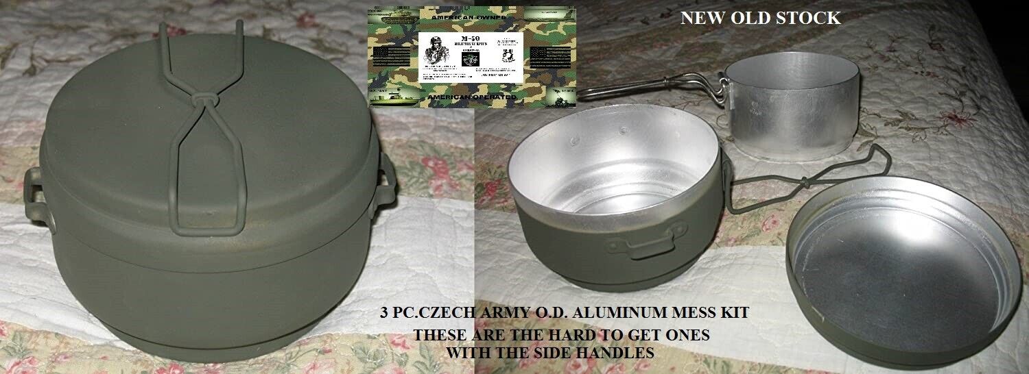 3 PC.CZECH ARMY O.D. ALUMINUM MESS KIT - NEW OLD STOCK - WITH SIDE HANDLES