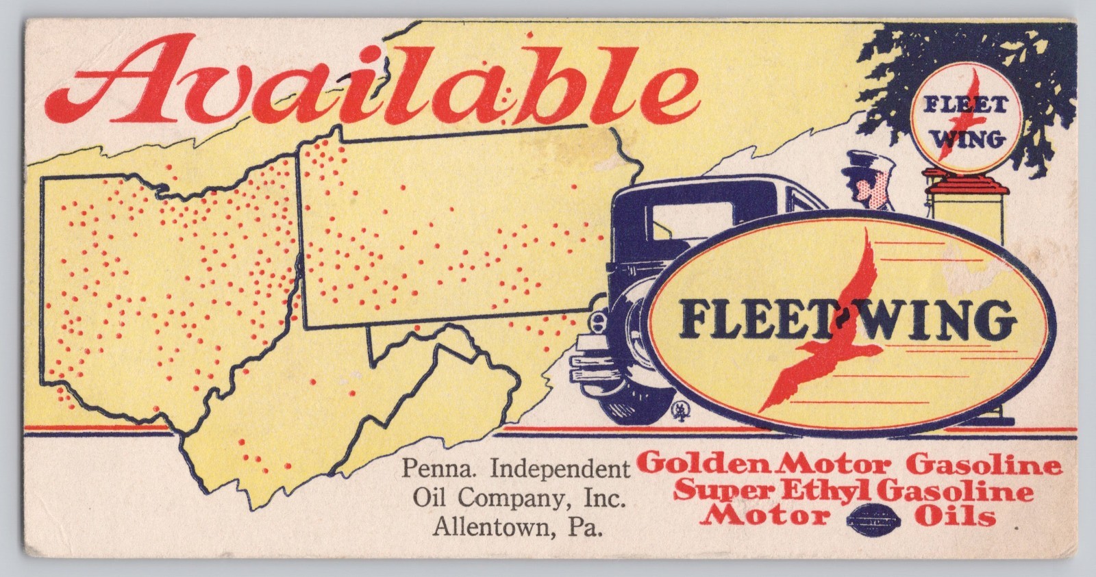 Allentown Pennsylvania Fleet Wing Gasoline Ink Blotter Pennico RARE c. 1935 Allentown Pennsylvania Fleet Wing Gasoline Ink Blotter Pennico RARE c. 1935