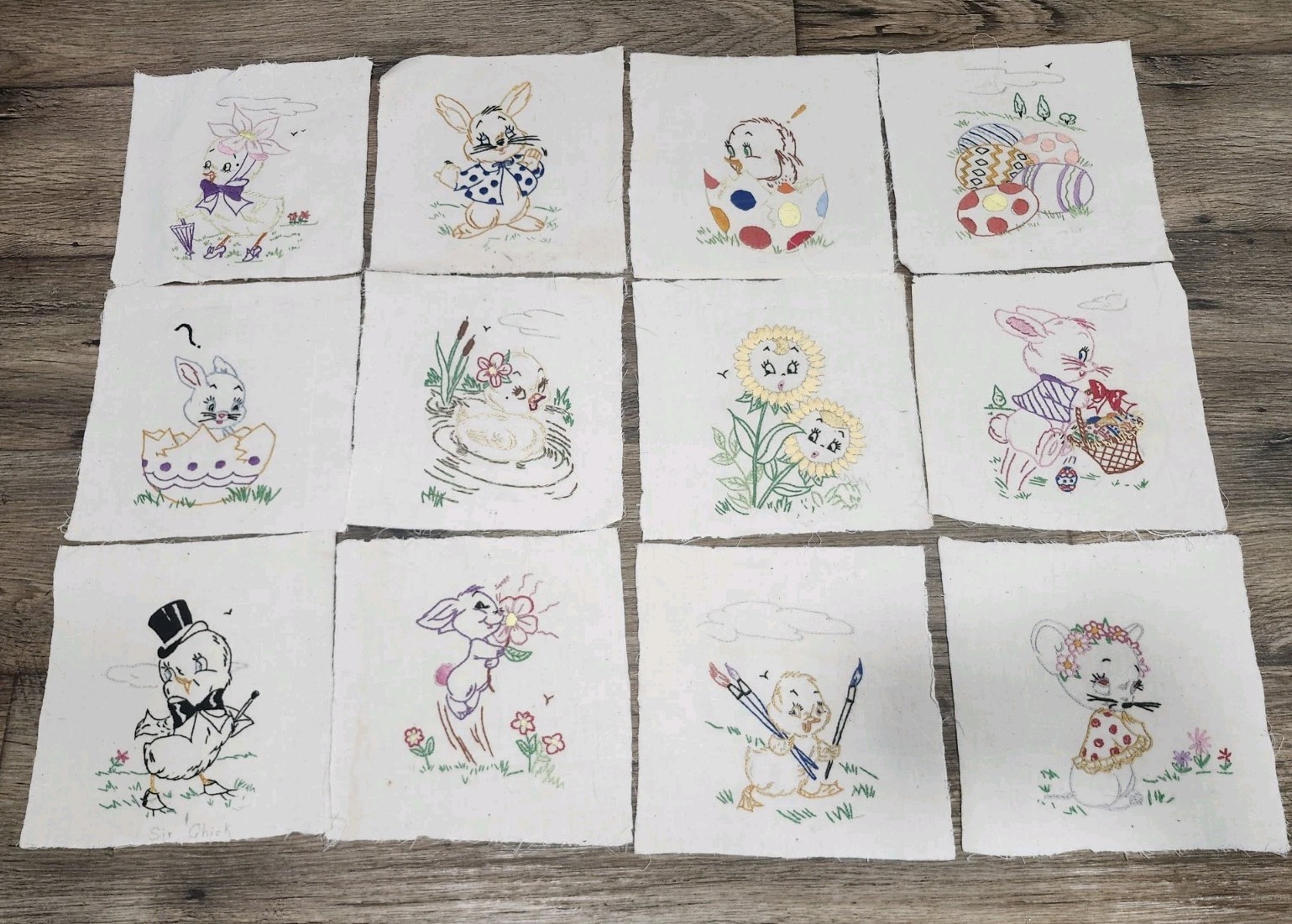 Vintage 1950s Stamped Quilt Blocks Springtime Animals Set of 12 Hand Embroidered Vintage 1950s Stamped Quilt Blocks Springtime Animals Set of 12 Hand Embroidered