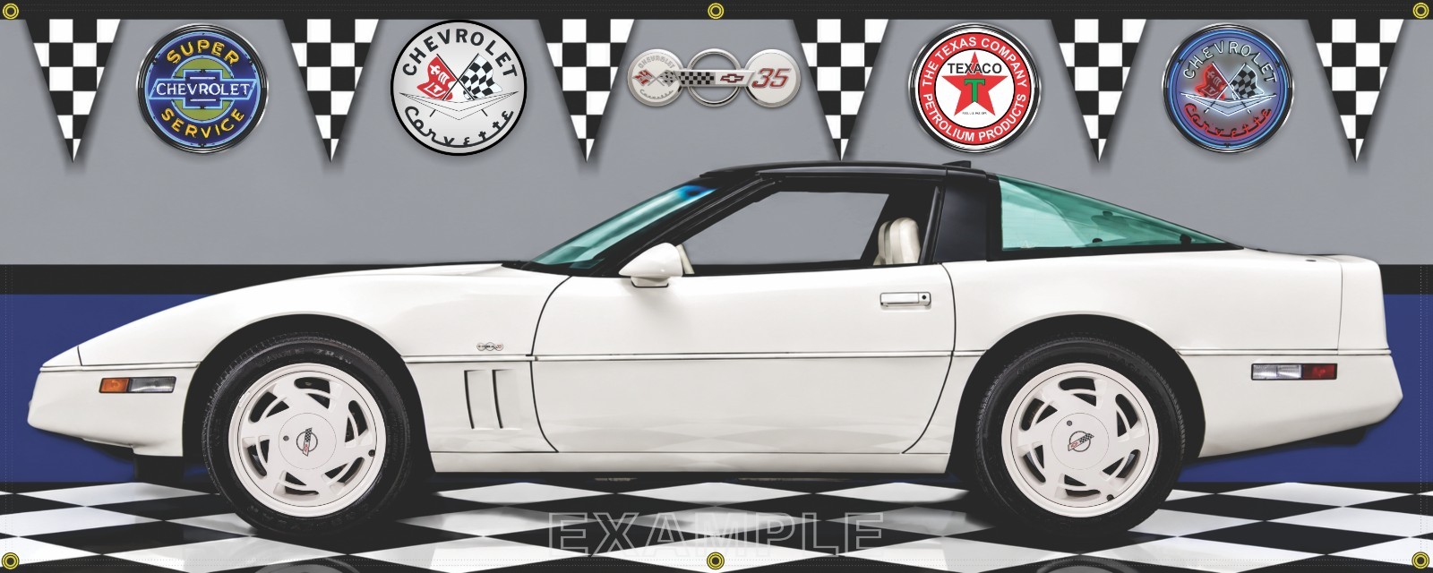 1988 CHEVROLET Z01 CORVETTE 35TH ANNIVERSARY WHITE CAR GARAGE SCENE BANNER SIGN 1988 CHEVROLET Z01 CORVETTE 35TH ANNIVERSARY WHITE CAR GARAGE SCENE BANNER SIGN