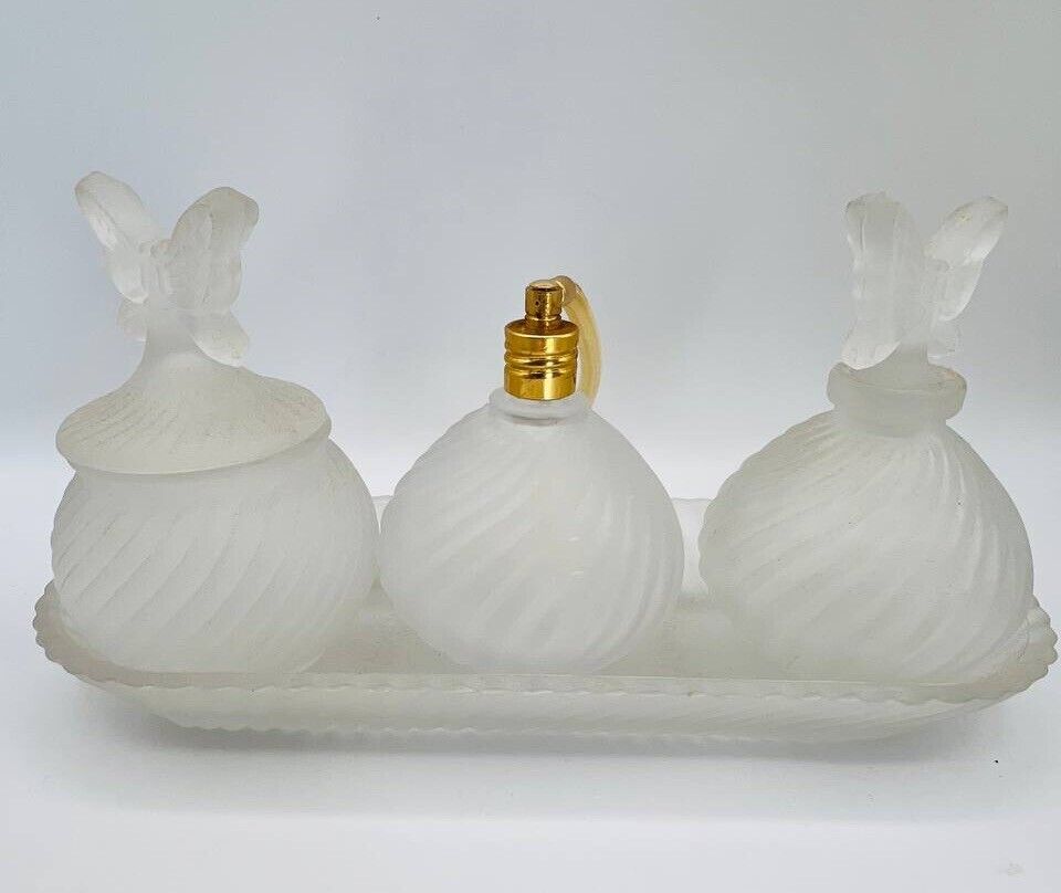 Perfume Bottles, Frosted Glass, 6 piece set, Perfume Bottles w/Lids, Tray 
