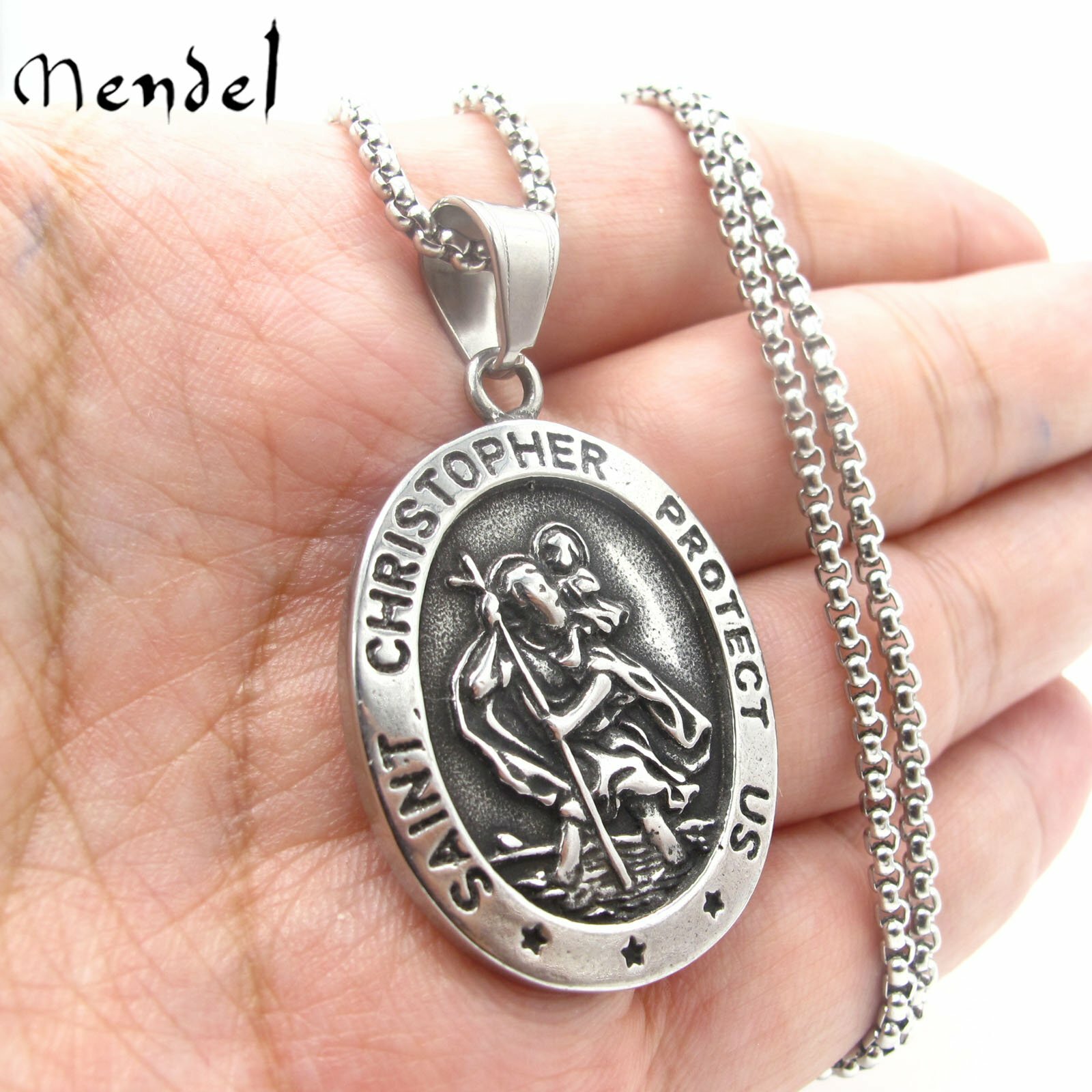 MENDEL Mens St Saint Christopher Medal Pendant Necklace Stainless Steel Amulet MENDEL Mens St Saint Christopher Medal Pendant Necklace Stainless Steel Amulet