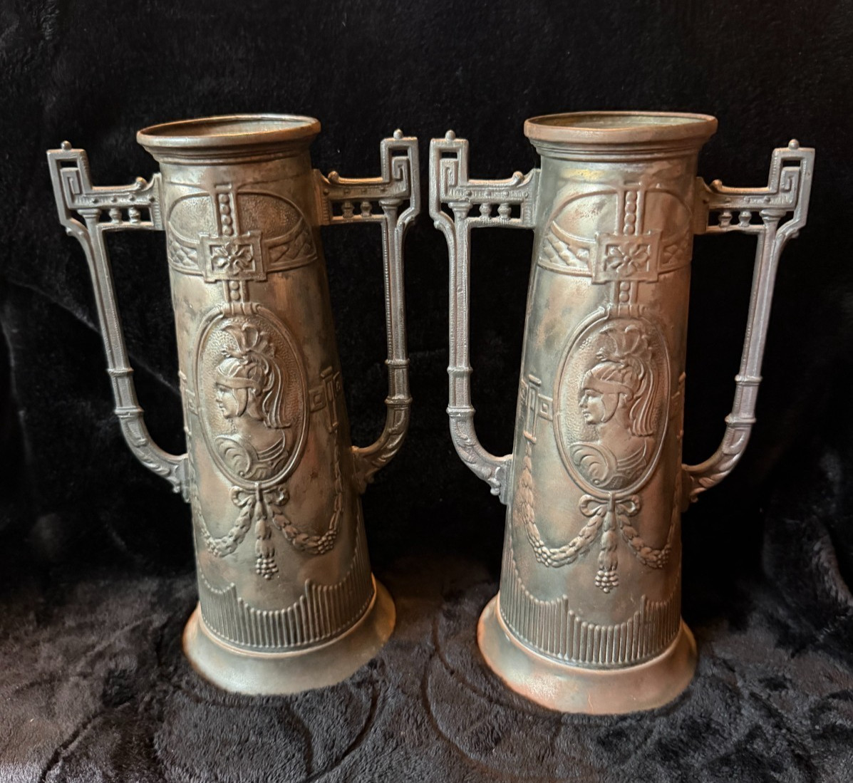 Antique German Art Nouveau Jugendstil Metal Vases Classical Revival Pair 10" Antique German Art Nouveau Jugendstil Metal Vases Classical Revival Pair 10"