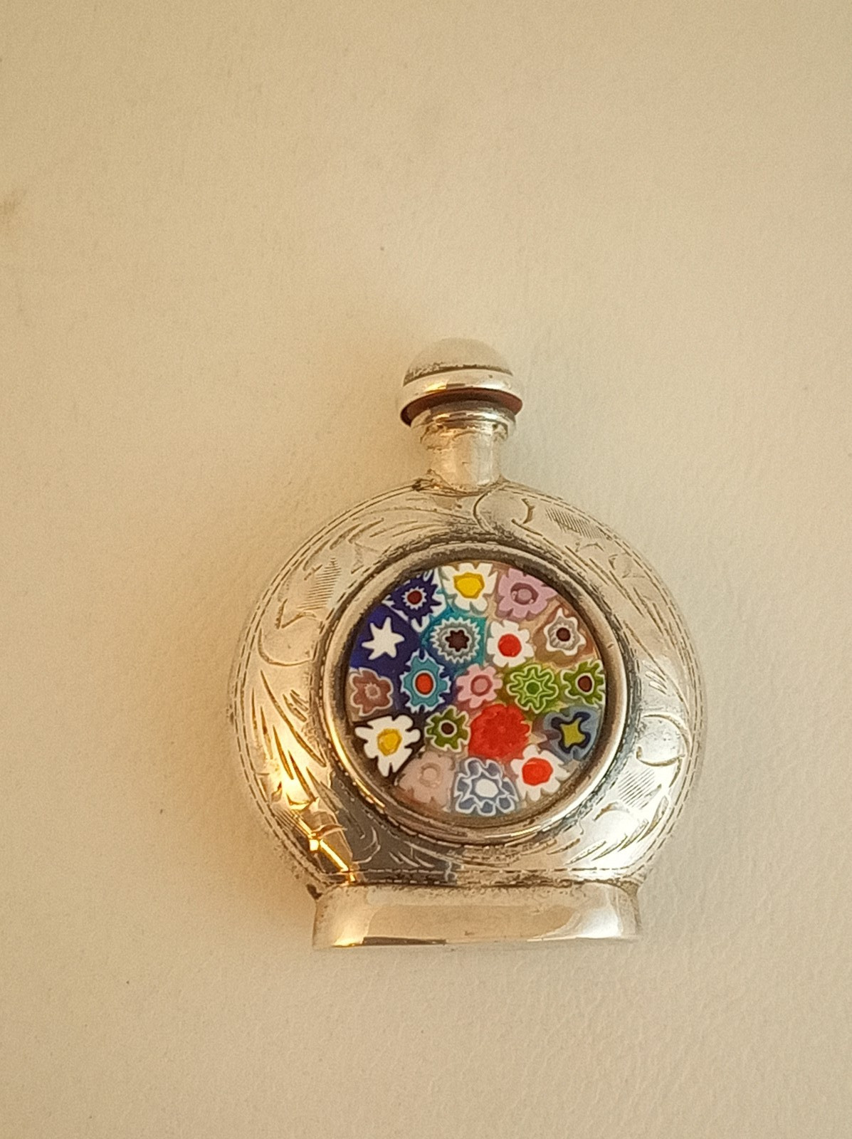Vintage 60s millefiori glass & stelring silver perfume bottle signed 1 7/8" tall Vintage 60s millefiori glass & stelring silver perfume bottle signed 1 7/8" tall