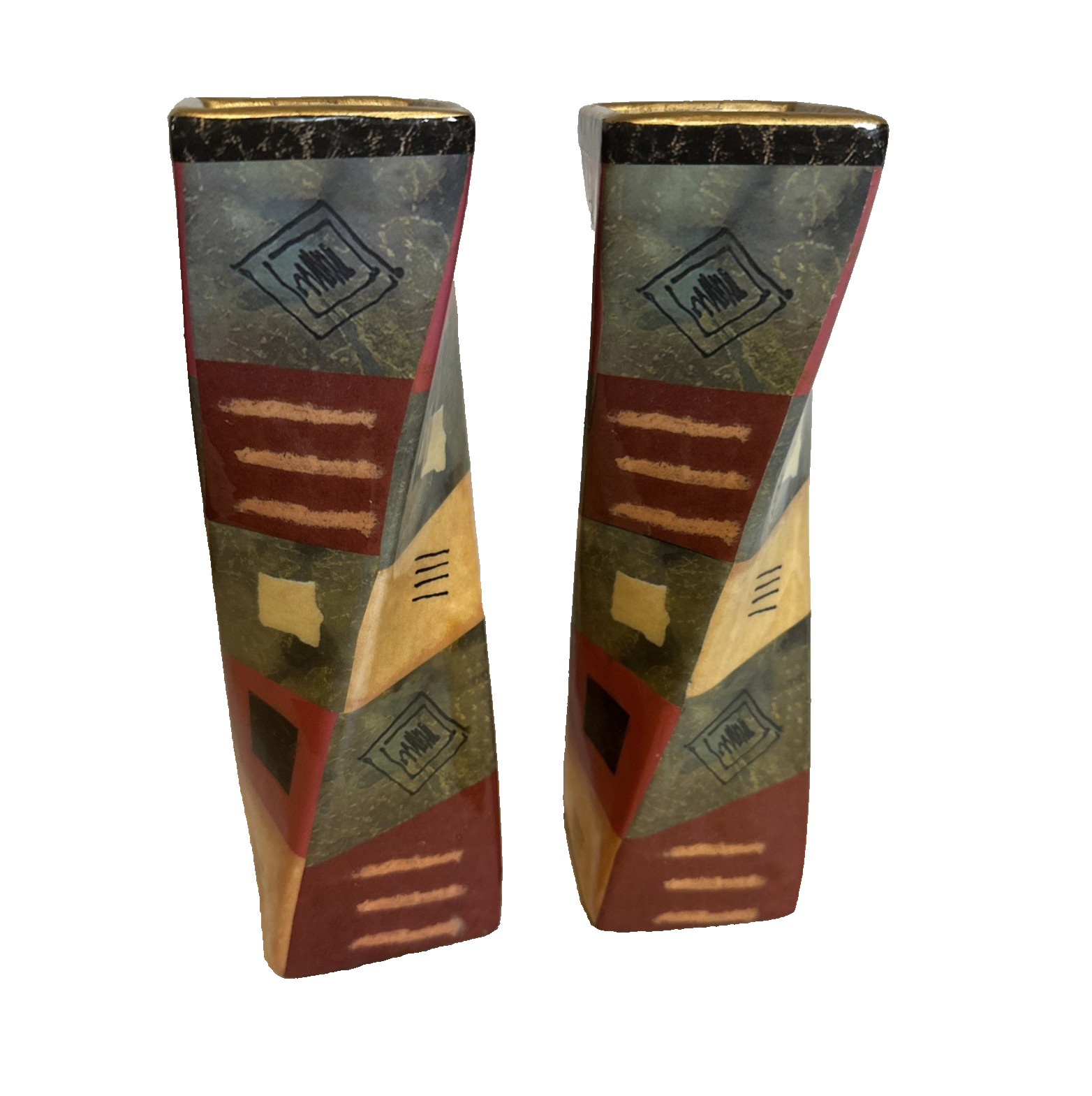 Vintage LaVie Deco Mosaic Vase Swirl Pair, Geometric Twisted Ceramic Vases 90s Vintage LaVie Deco Mosaic Vase Swirl Pair, Geometric Twisted Ceramic Vases 90s