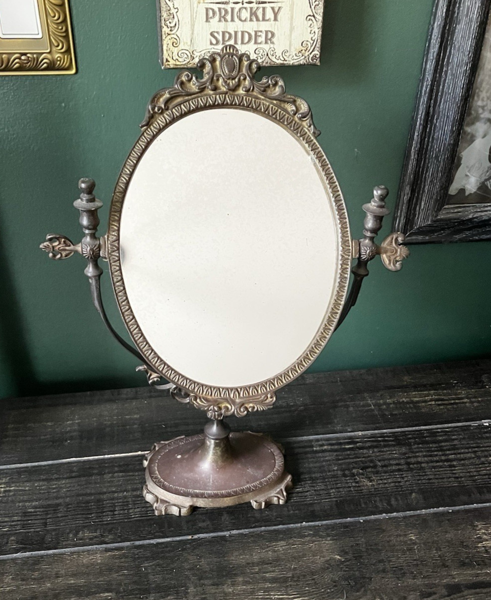 Vintage Ornate Brass Tabletop Vanity Mirror Swivel Goth Dark Academia Decor Vintage Ornate Brass Tabletop Vanity Mirror Swivel Goth Dark Academia Decor