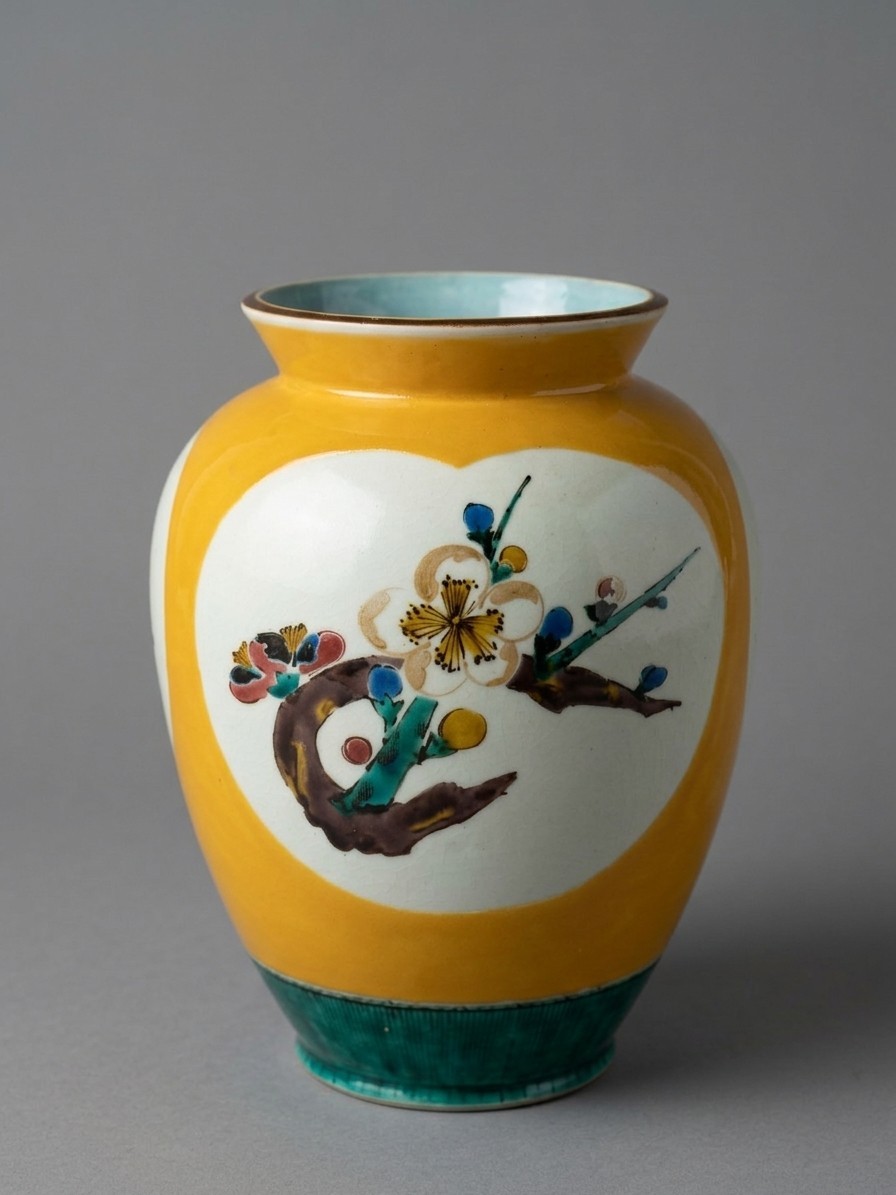 A Kutani Ware Yellow-Ground Polychrome "Three Friends of Winter" Vase vintage A Kutani Ware Yellow-Ground Polychrome "Three Friends of Winter" Vase vintage