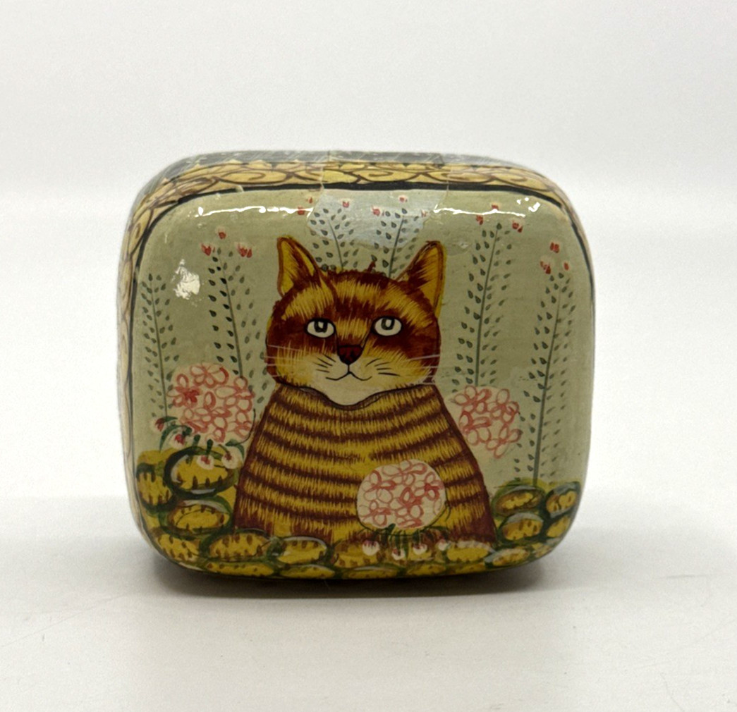 Fetco Handmade Papier-Mache Lidded Trinket Box Orange Tabby Cat Vintage India