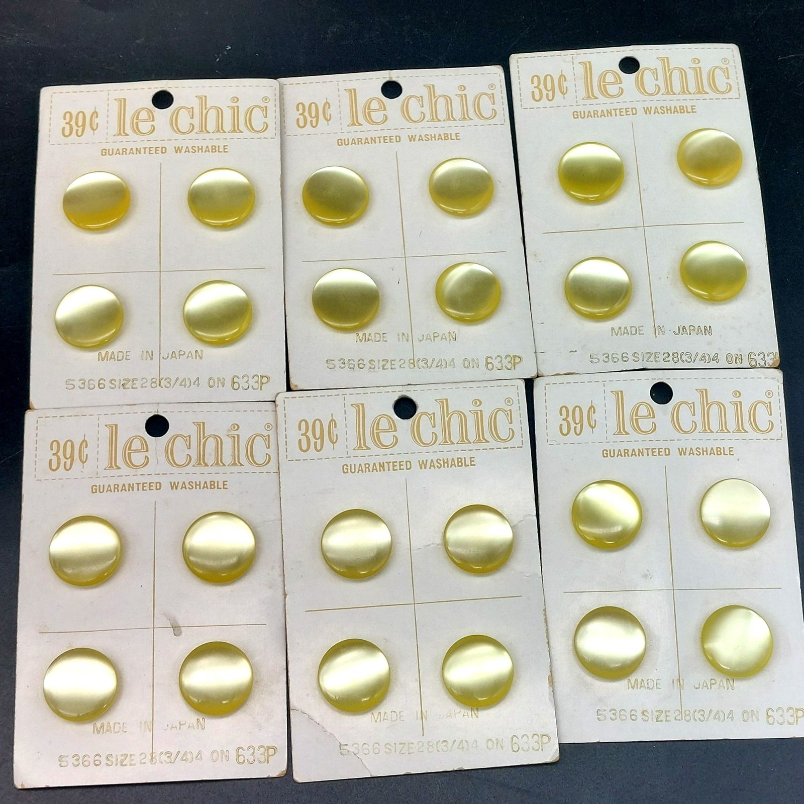 VTG Le Chic Yellow Moonglow Buttons 6 Cards Lot 24 Pc Japan Size 28 3/4" 5366 VTG Le Chic Yellow Moonglow Buttons 6 Cards Lot 24 Pc Japan Size 28 3/4" 5366