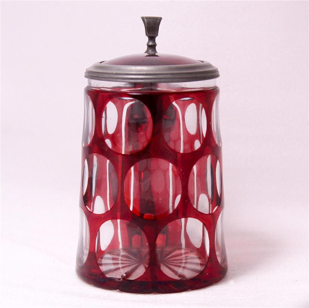 Antique German/Bohemian Glass Beer Stein Ruby Flashed and Circle Cut c.1860s Antique German/Bohemian Glass Beer Stein Ruby Flashed and Circle Cut c.1860s