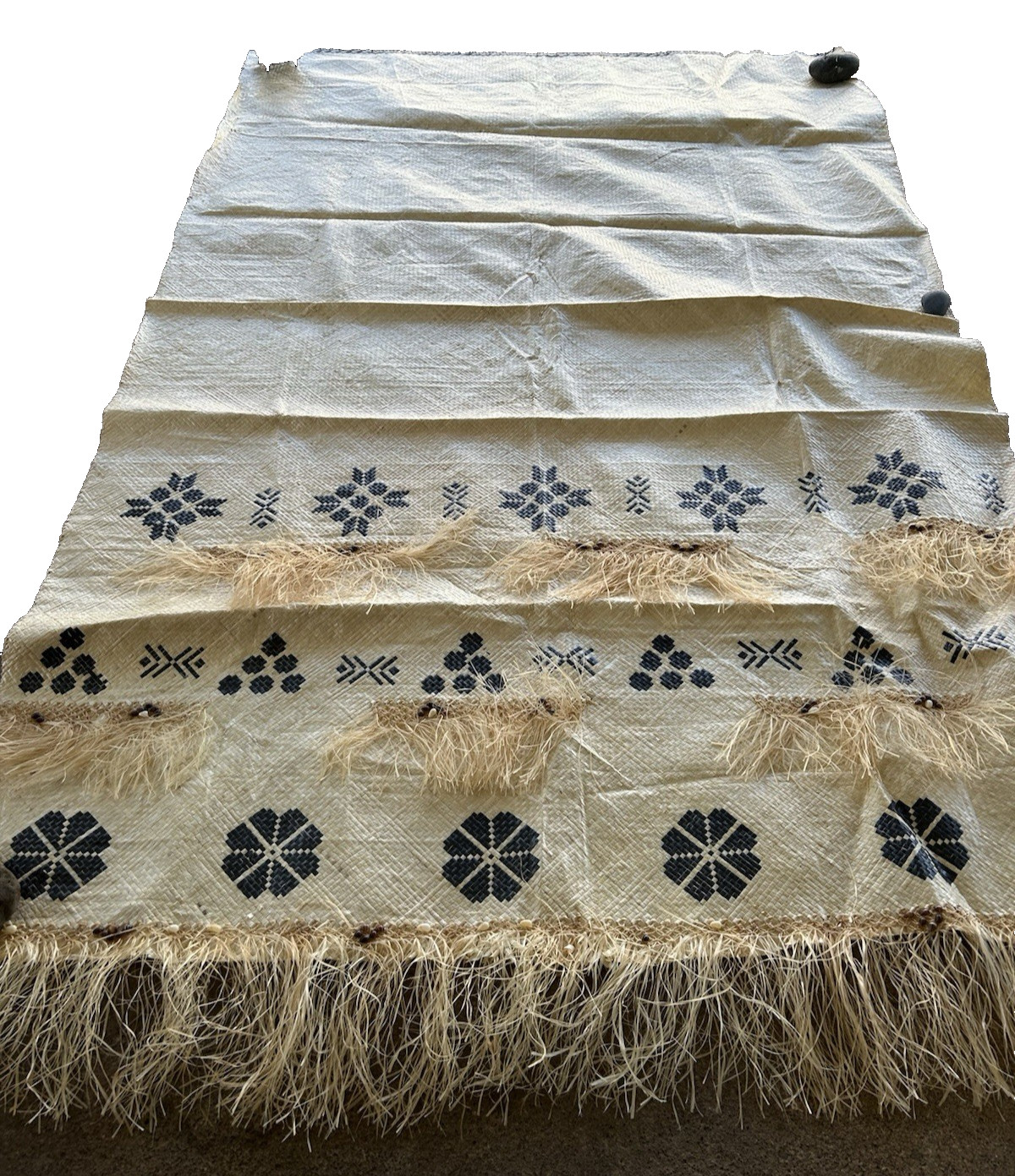Pacific VINTAGE TONGA WOVEN PANDANUS MAT 73"x 115" Fringe Shells Ceremonial