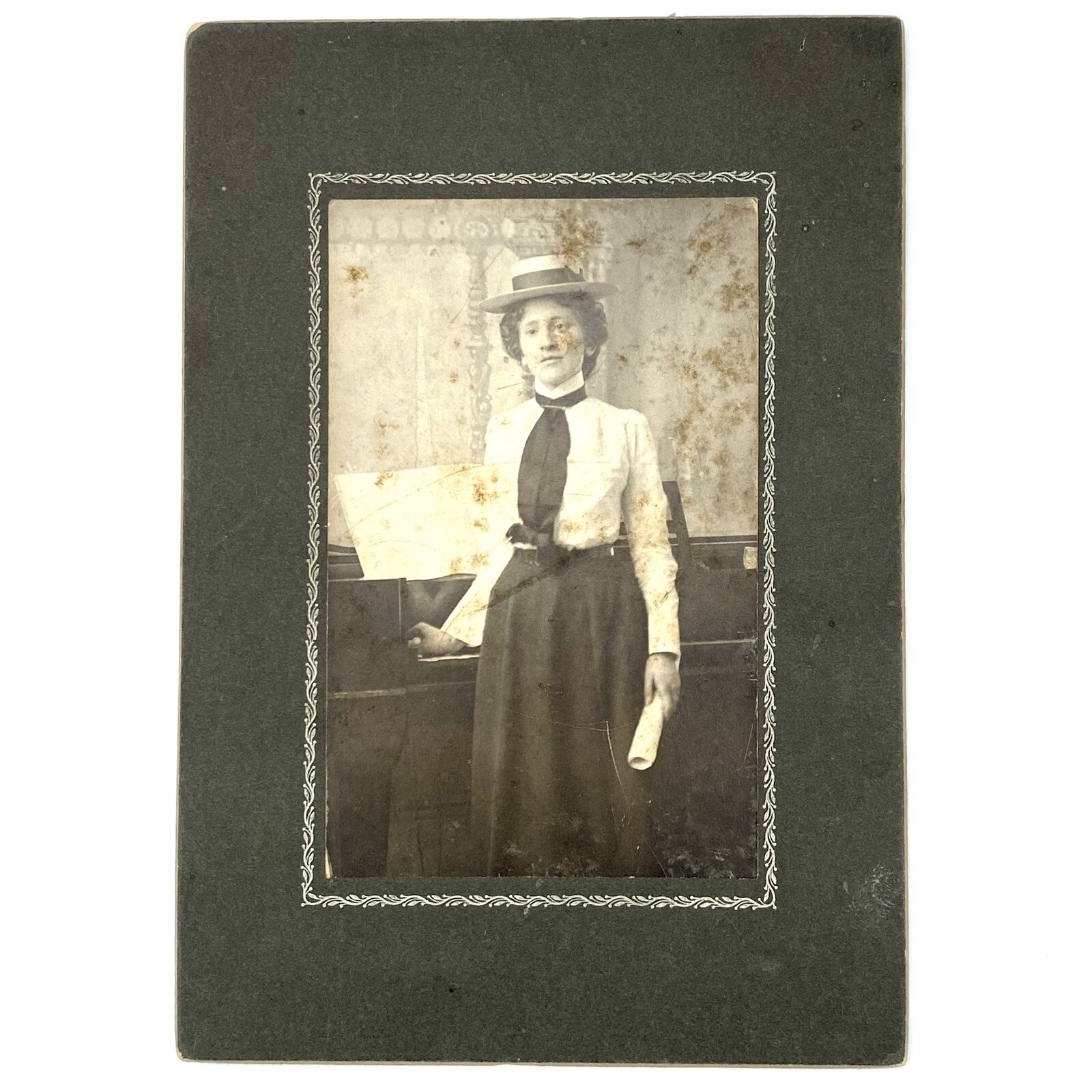 Antique Burlington VT Cabinet Card Photo Pretty Lady Piano Girl C1914 Derby Hat Antique Burlington VT Cabinet Card Photo Pretty Lady Piano Girl C1914 Derby Hat