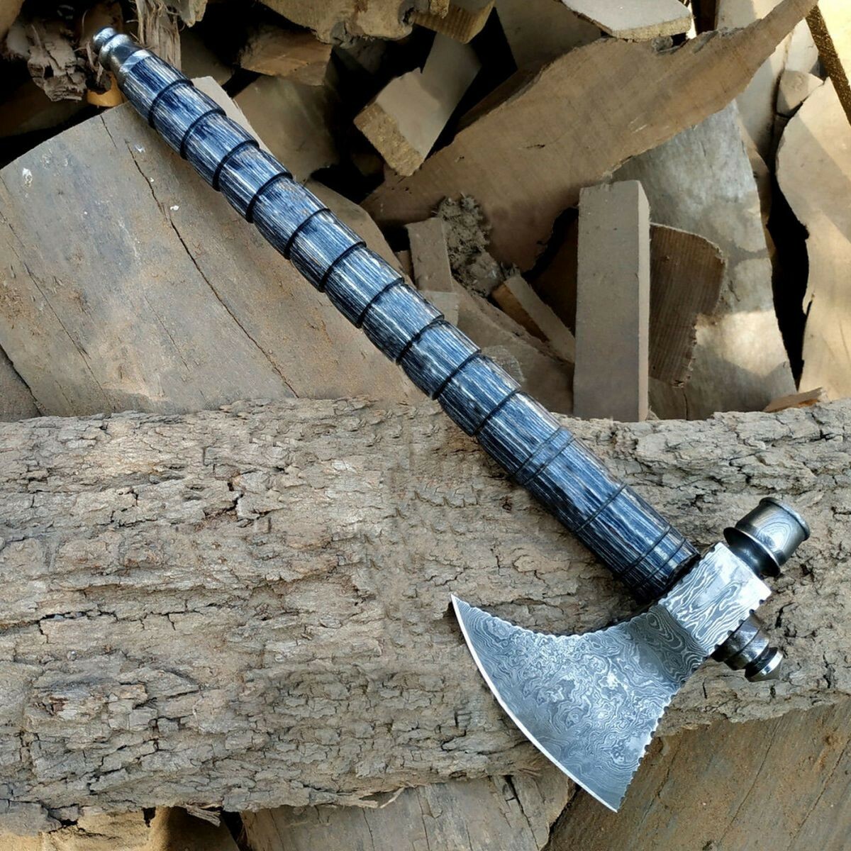 BEAUTIFULL CUSTOM HANDMADE 20'' LONG  DAMASCUS STEEL  AXE WITH LEATHER  SHEATH
