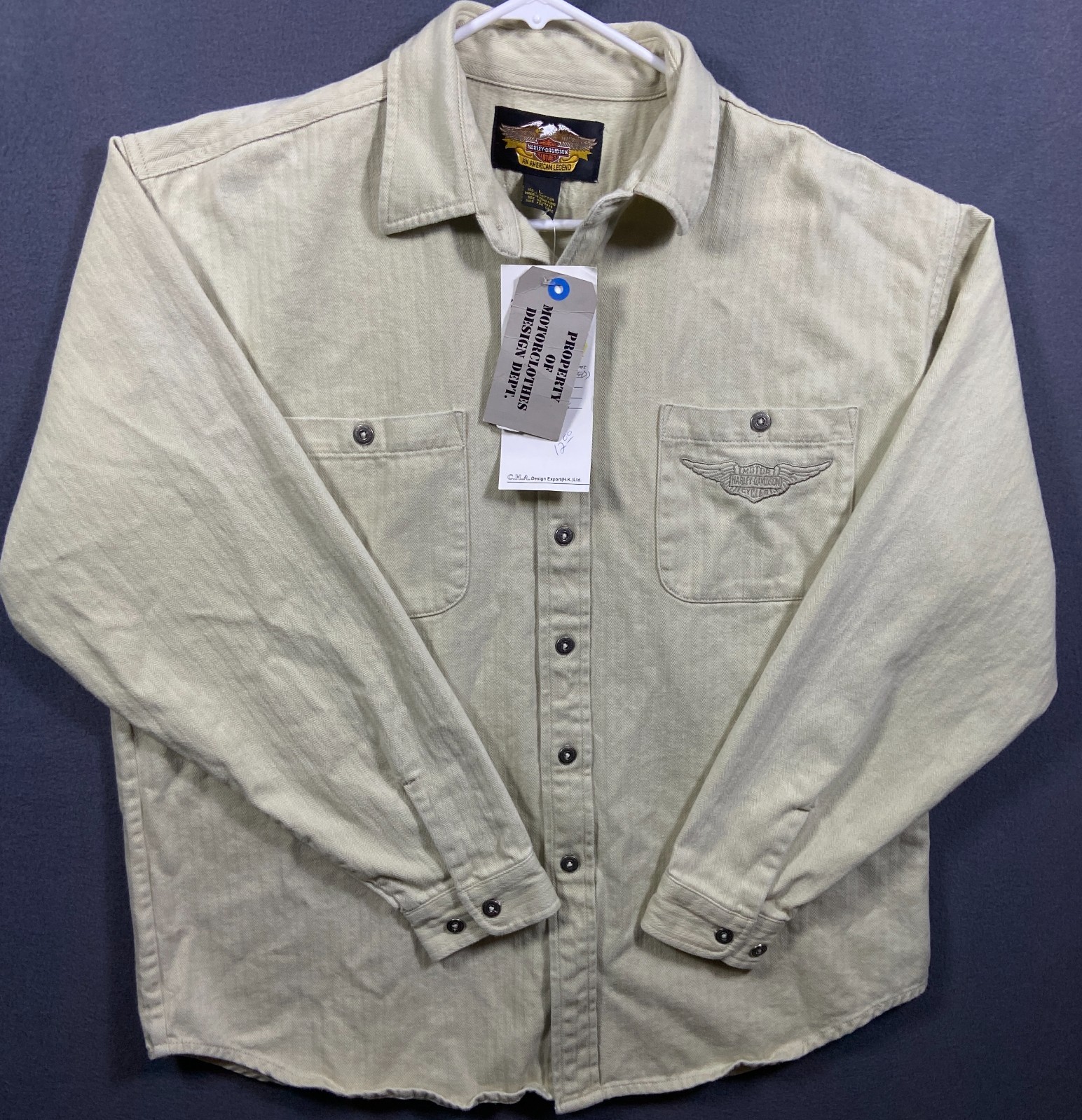 NOS Deadstock Salesman Sample Vintage Harley Davidson Herringbone Button LS L NOS Deadstock Salesman Sample Vintage Harley Davidson Herringbone Button LS L