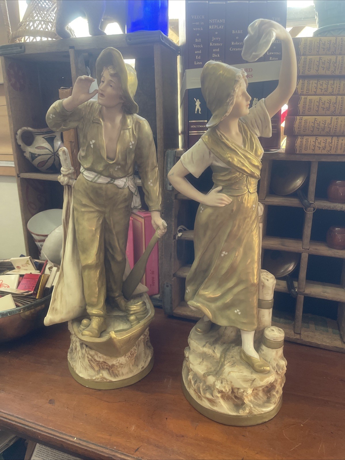 Antique Large Royal Dux Art Nouveau 17” Pair Statues Fisherman Sailor & Maiden Antique Large Royal Dux Art Nouveau 17” Pair Statues Fisherman Sailor & Maiden
