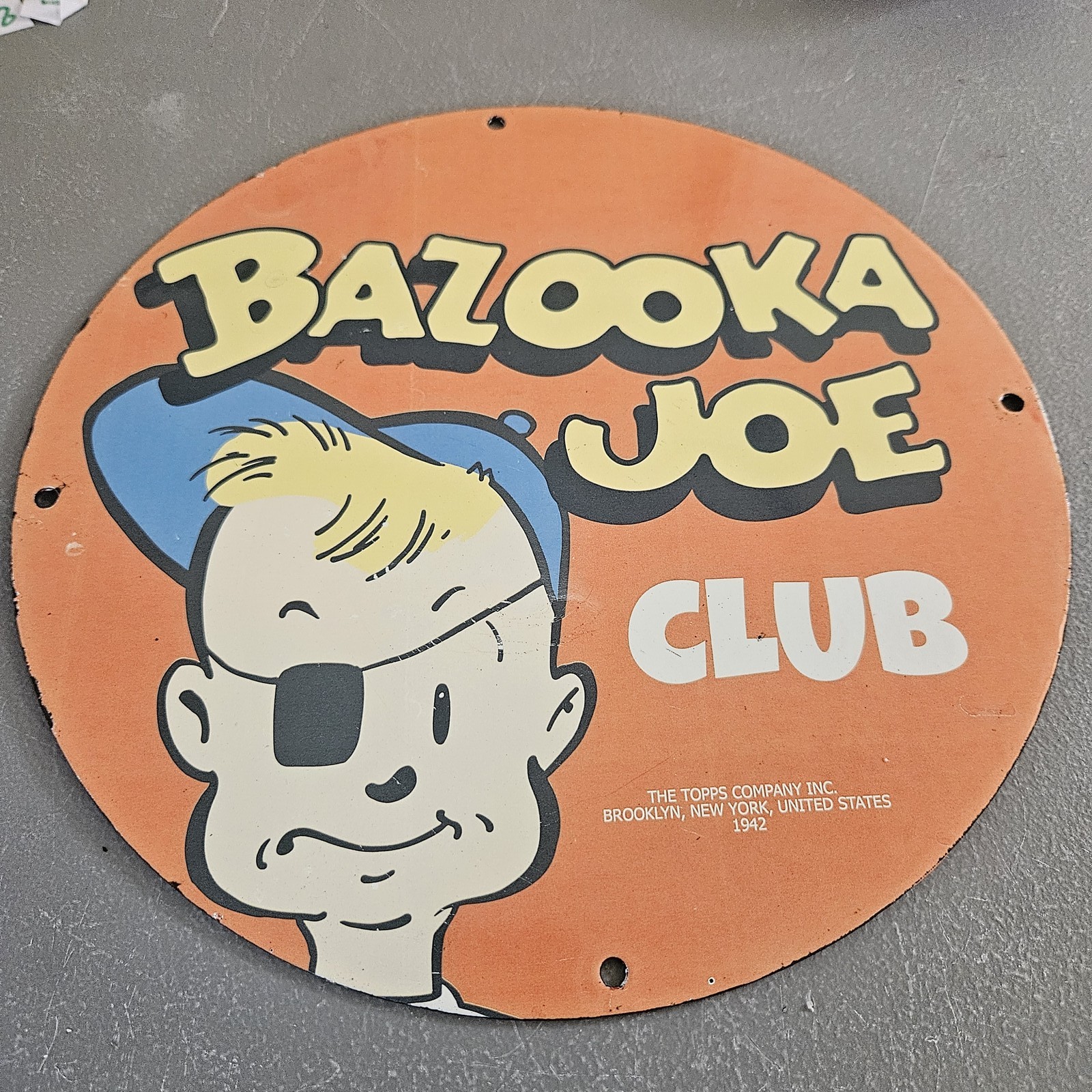 VINTAGE 1942 BAZOOKA JOE CLUB 12" PORCELAIN SIGN TOPPS BUBBLE GUM COMIC VINTAGE 1942 BAZOOKA JOE CLUB 12" PORCELAIN SIGN TOPPS BUBBLE GUM COMIC