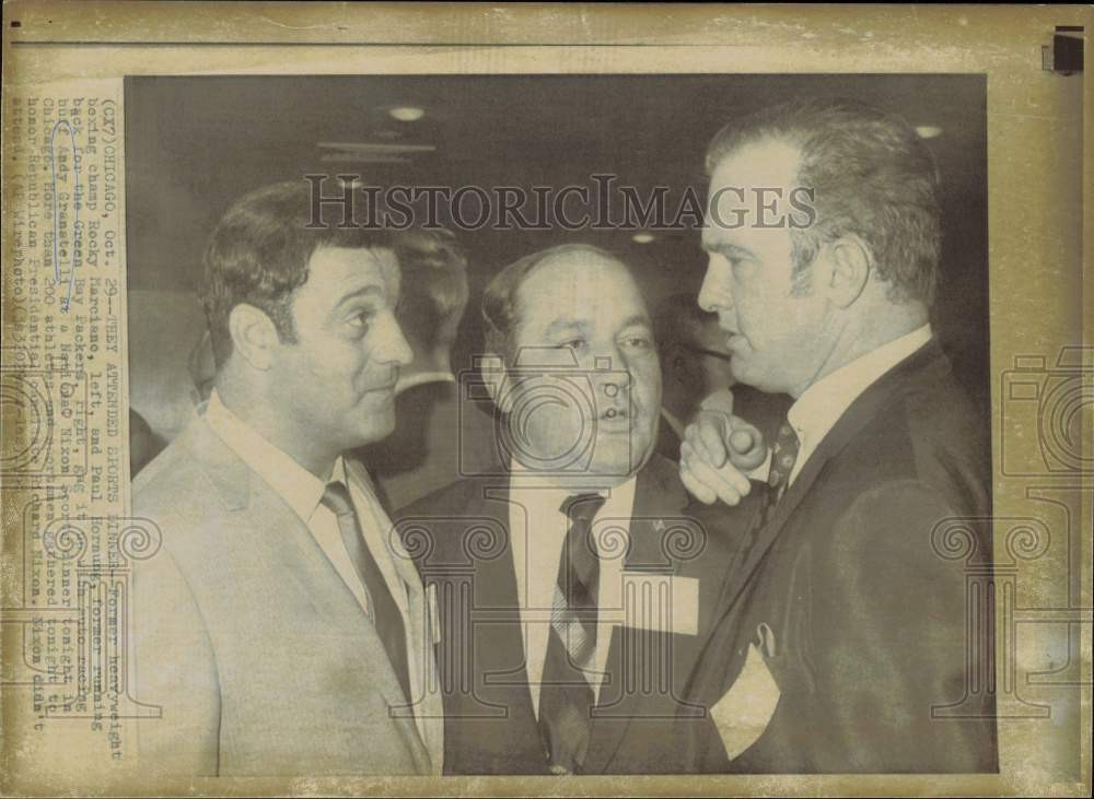 1968 Press Photo Rocky Marciano, Paul Hornung, Andy Granatelli at Event, Chicago 1968 Press Photo Rocky Marciano, Paul Hornung, Andy Granatelli at Event, Chicago