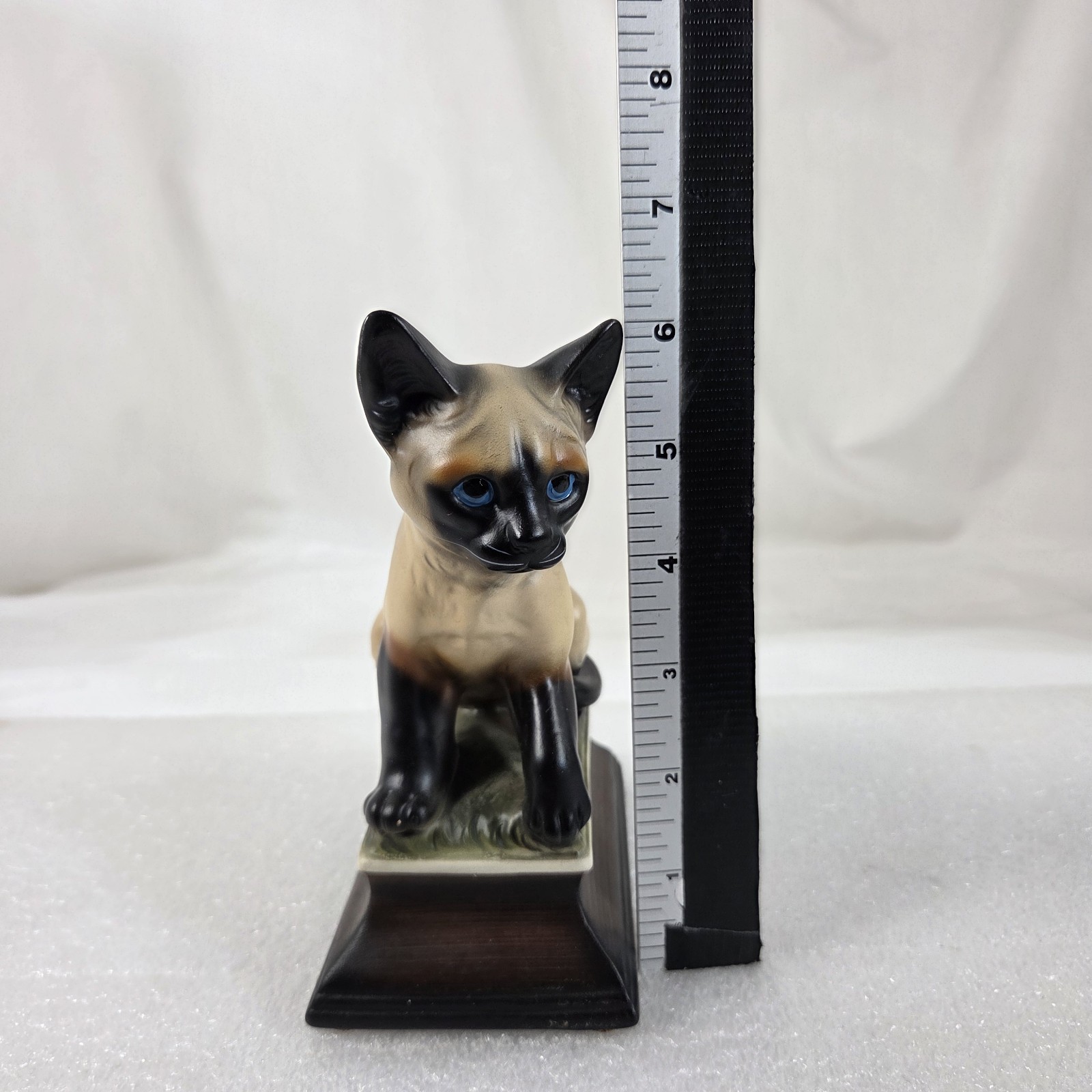 Vintage Hand Painted Siamese Cat Figurine Ceramic Blue Eyes on Base 6" Tall