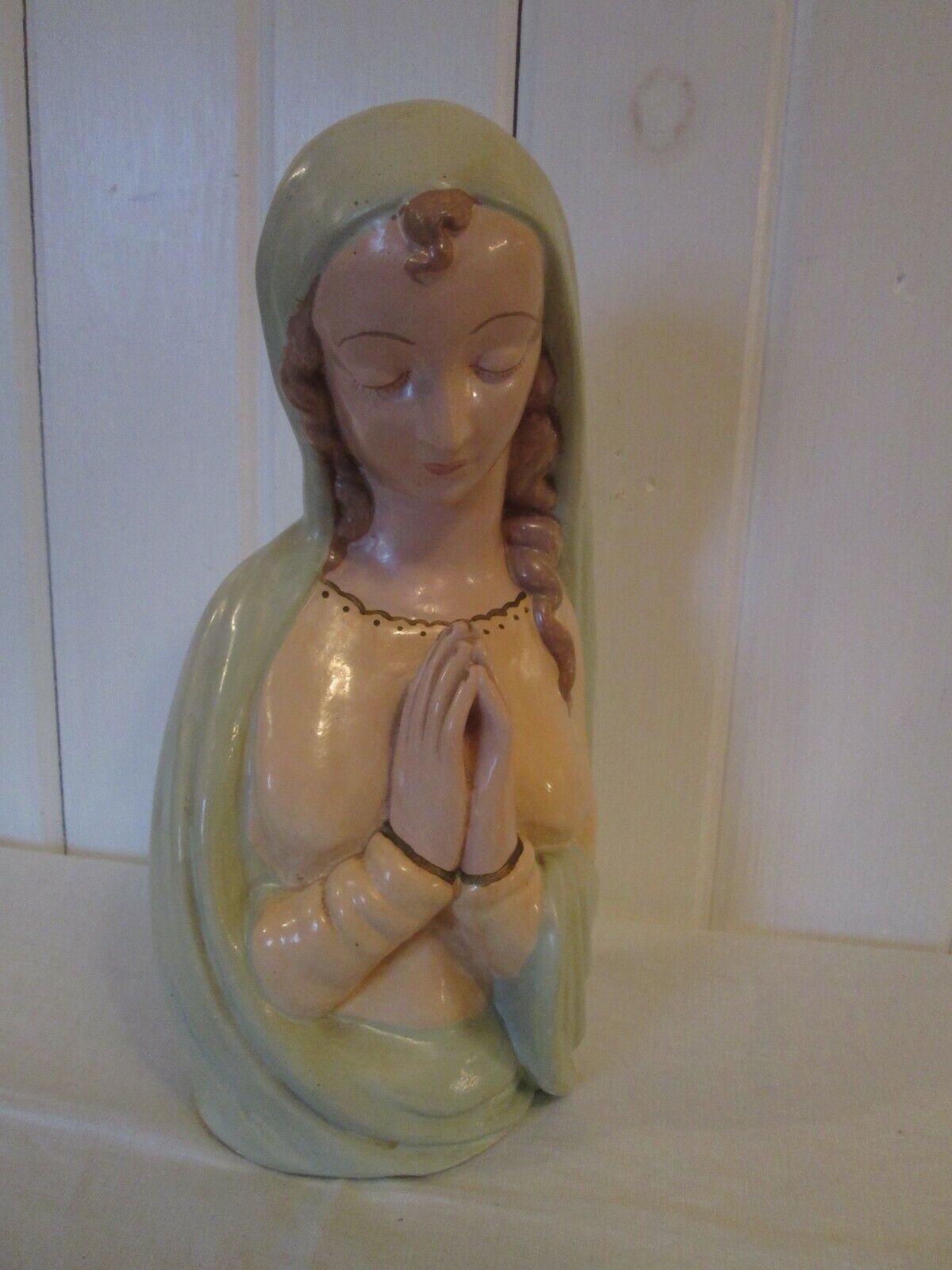  Mid Century Chalkware Madonna Mary Praying Blue Robe 10\