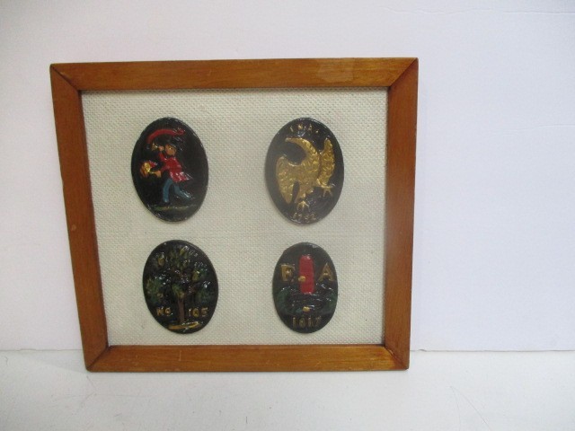 VTG 4 Framed Miniature Fire Insurance Markers Cast Iron Oval Replicas 1968- 9" VTG 4 Framed Miniature Fire Insurance Markers Cast Iron Oval Replicas 1968- 9"