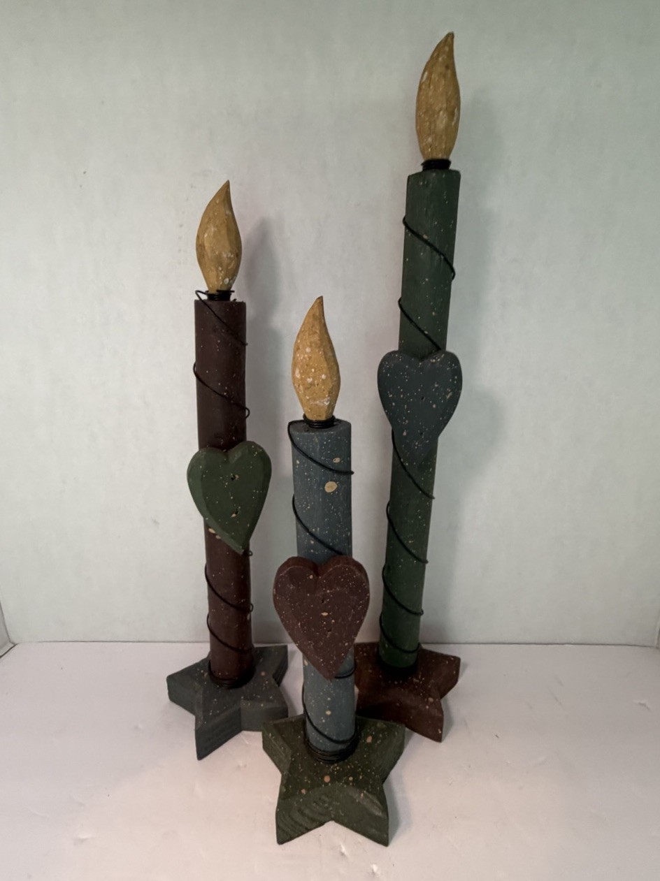 Primitive Wooden Candlestick Set of 3 Hearts Stars Rustic Country Folk Art Decor Primitive Wooden Candlestick Set of 3 Hearts Stars Rustic Country Folk Art Decor