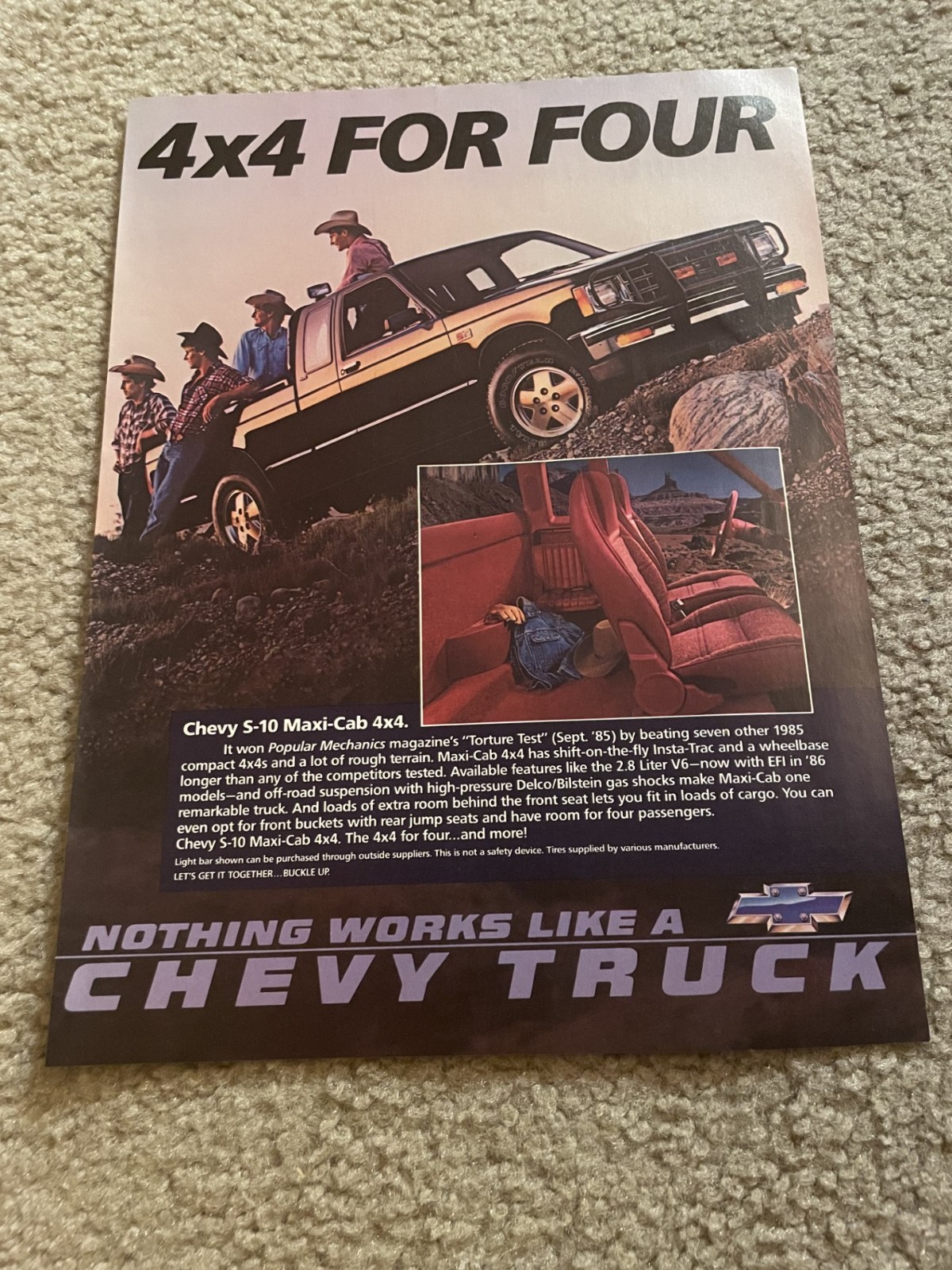 Vintage 1986 CHEVY S-10 MAXI-CAB 4x4 Pickup Truck Print Ad "4x4 FOR FOUR" Vintage 1986 CHEVY S-10 MAXI-CAB 4x4 Pickup Truck Print Ad "4x4 FOR FOUR"