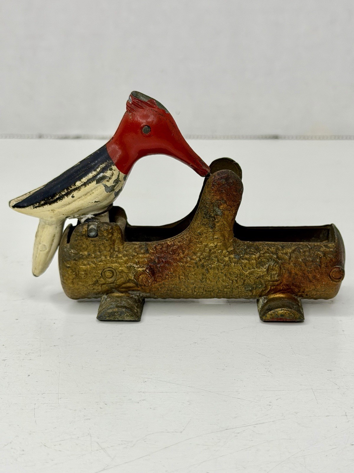 Vintage 1950s Mechanical Woodpecker on Log Toothpick Holder Dispenser Cast Metal Vintage 1950s Mechanical Woodpecker on Log Toothpick Holder Dispenser Cast Metal