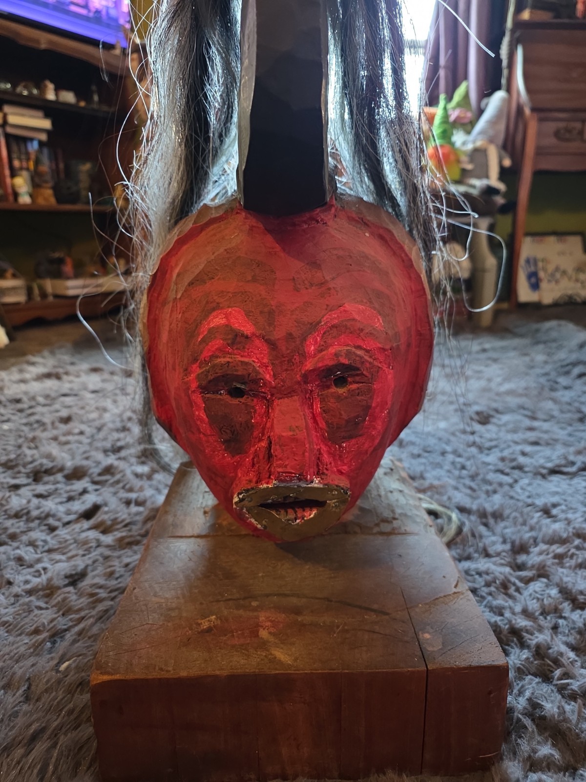 Large Folk Art Carved Wood Ceremonial Style Head Horse Hair Metal 20" Unusual Large Folk Art Carved Wood Ceremonial Style Head Horse Hair Metal 20" Unusual
