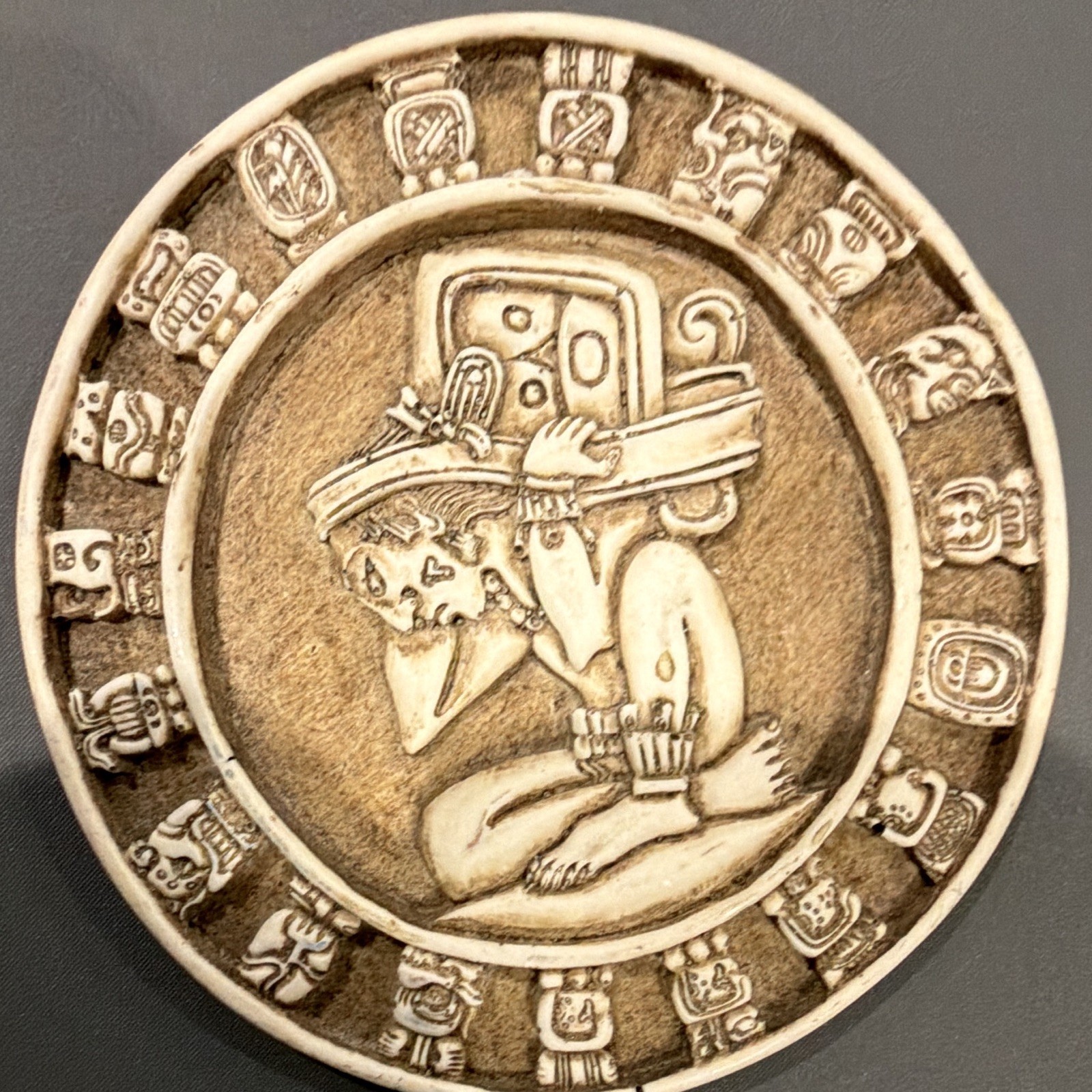 Handmade Mexican Folk Art Carved Stone Relief Calendar Wall Plate 6in