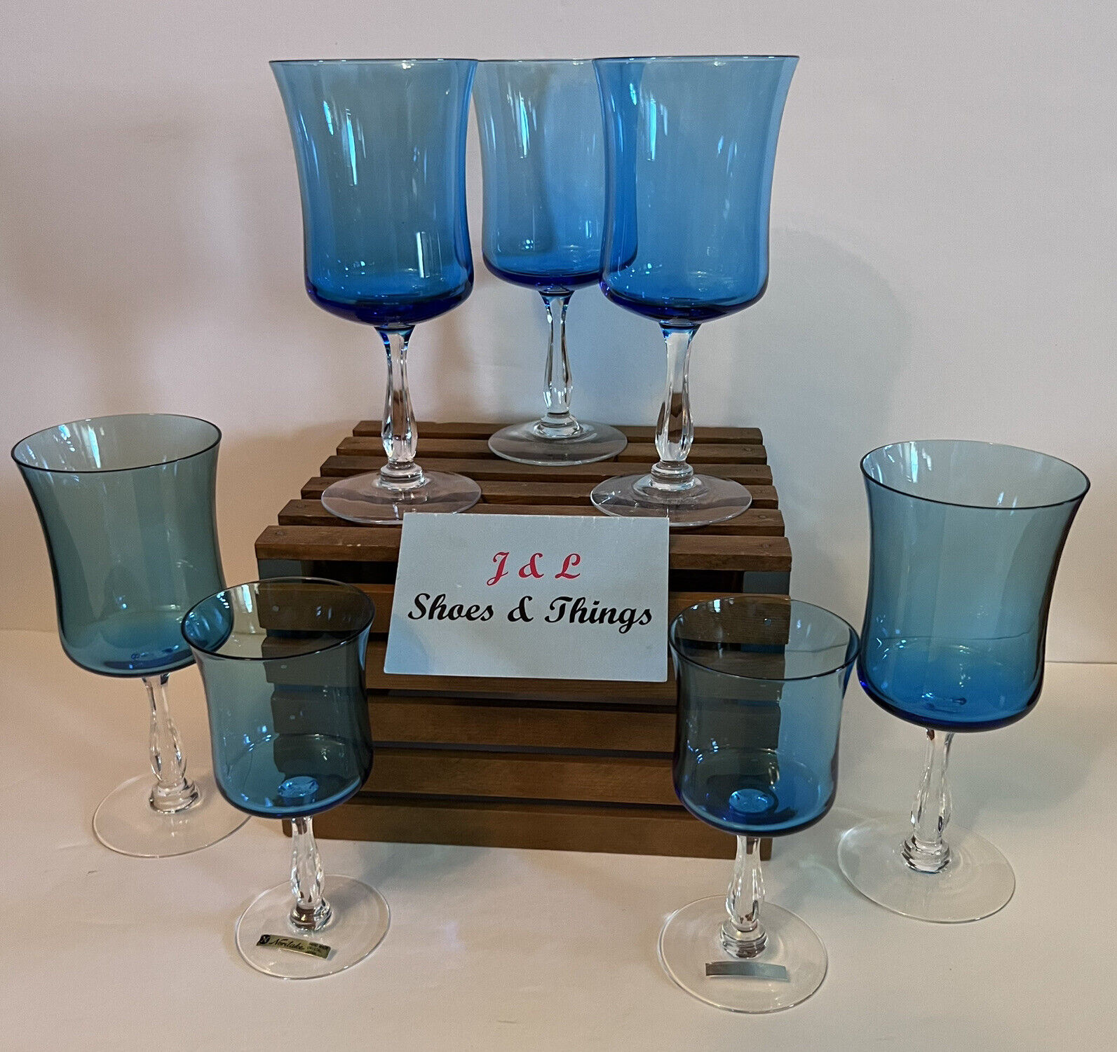 Vintage Noritake Rainbow-Blue Set Of 7 Stemmed Goblets  (5) Water And (2) Wine