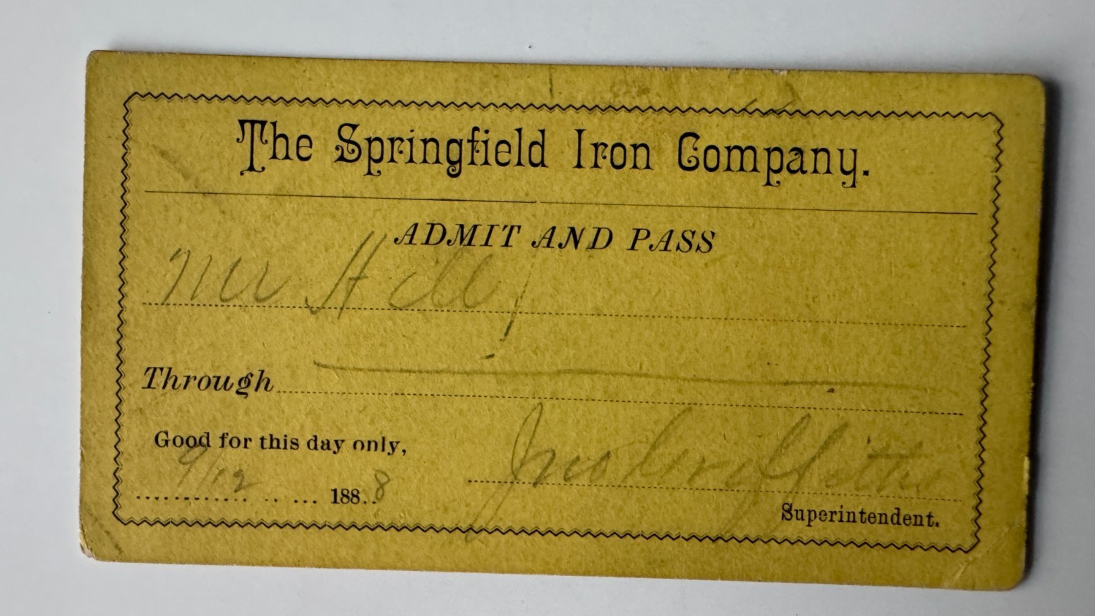Vintage 1880s Springfield Iron Company Visitor Pass Card Springfield Illinois Vintage 1880s Springfield Iron Company Visitor Pass Card Springfield Illinois