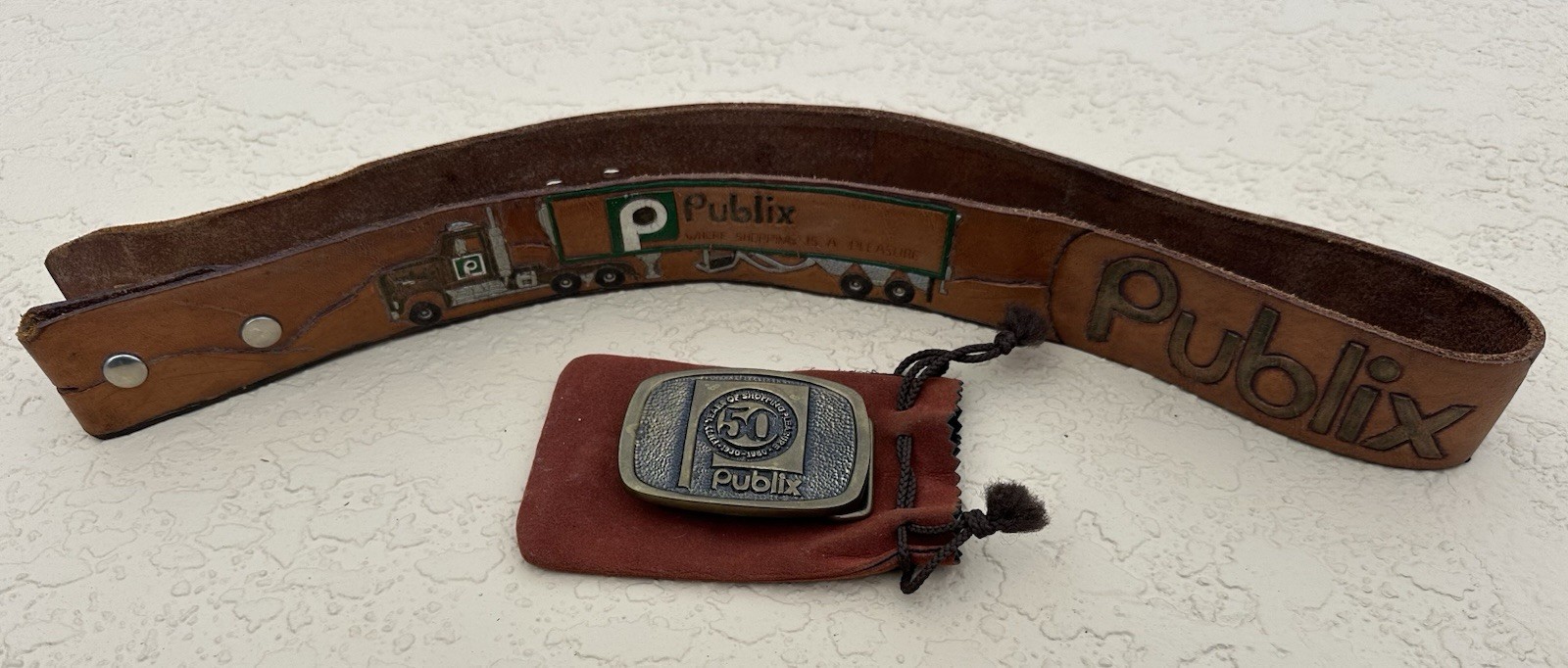 Publix Rare 1982 Handmade Leather Belt & 1980 50 Year Brass Belt Buckle VTG Publix Rare 1982 Handmade Leather Belt & 1980 50 Year Brass Belt Buckle VTG