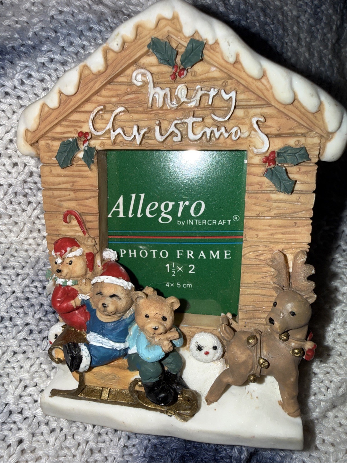 Vintage New 3D Allegro " Merry Christmas " Photo Frame House Bears Deer 4”