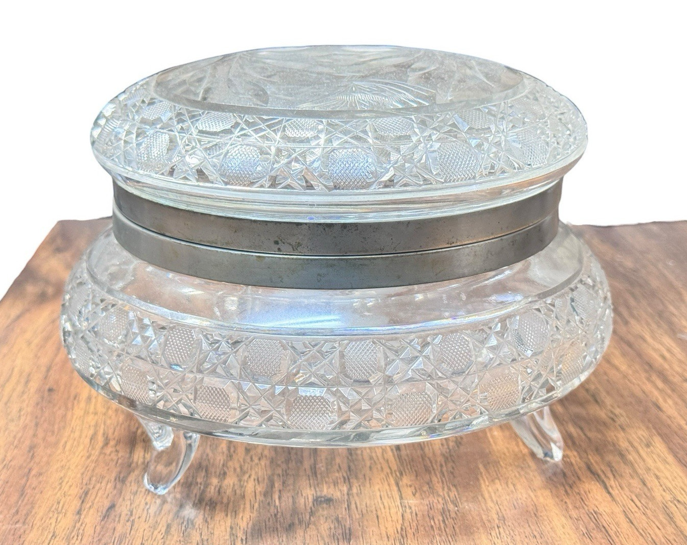 Antique Victorian ABP Brilliant Cut Glass Butterfly Large Footed Dresser Box Antique Victorian ABP Brilliant Cut Glass Butterfly Large Footed Dresser Box
