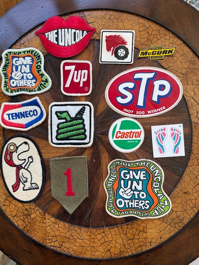 Vintage 1960s-1970s Patch & Sticker Lot - 7Up Uncola, STP, Castrol, Snoopy