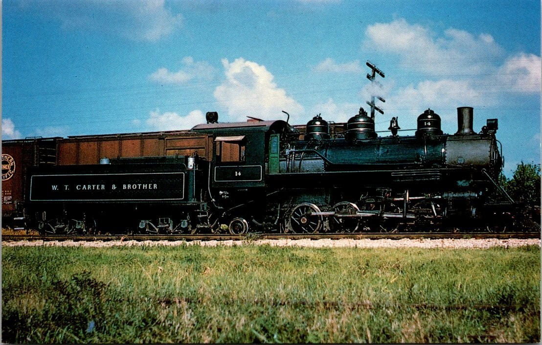 W.T. Carter & Brother #14 Steam Locomotive Moscow, Texas 1960 Postcard W.T. Carter & Brother #14 Steam Locomotive Moscow, Texas 1960 Postcard