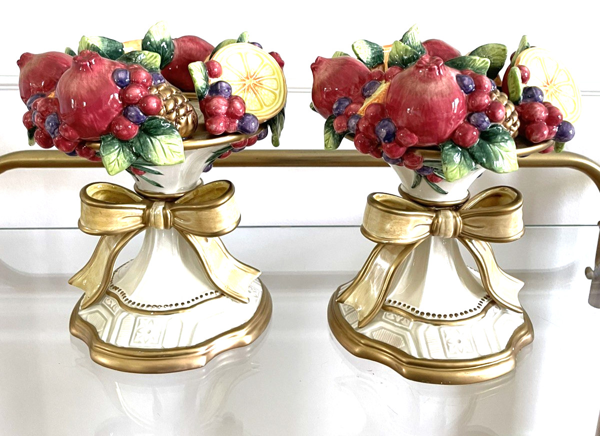 Pair of Fitz and Floyd Classics Winter Spice Pillar Candle Holder Fruit Bow 7 in Pair of Fitz and Floyd Classics Winter Spice Pillar Candle Holder Fruit Bow 7 in