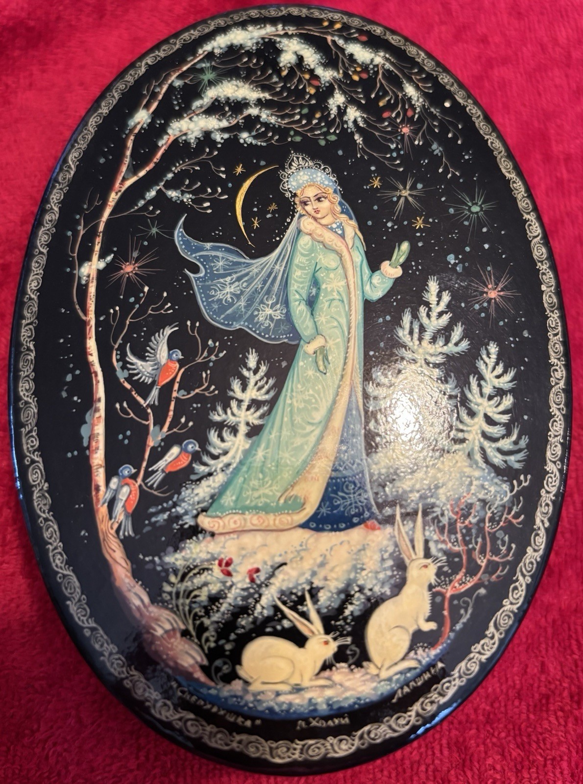 Kholuy Russian Lacquer Box With A Snow Maiden (Snegurochka) Hand Painted Kholuy Russian Lacquer Box With A Snow Maiden (Snegurochka) Hand Painted