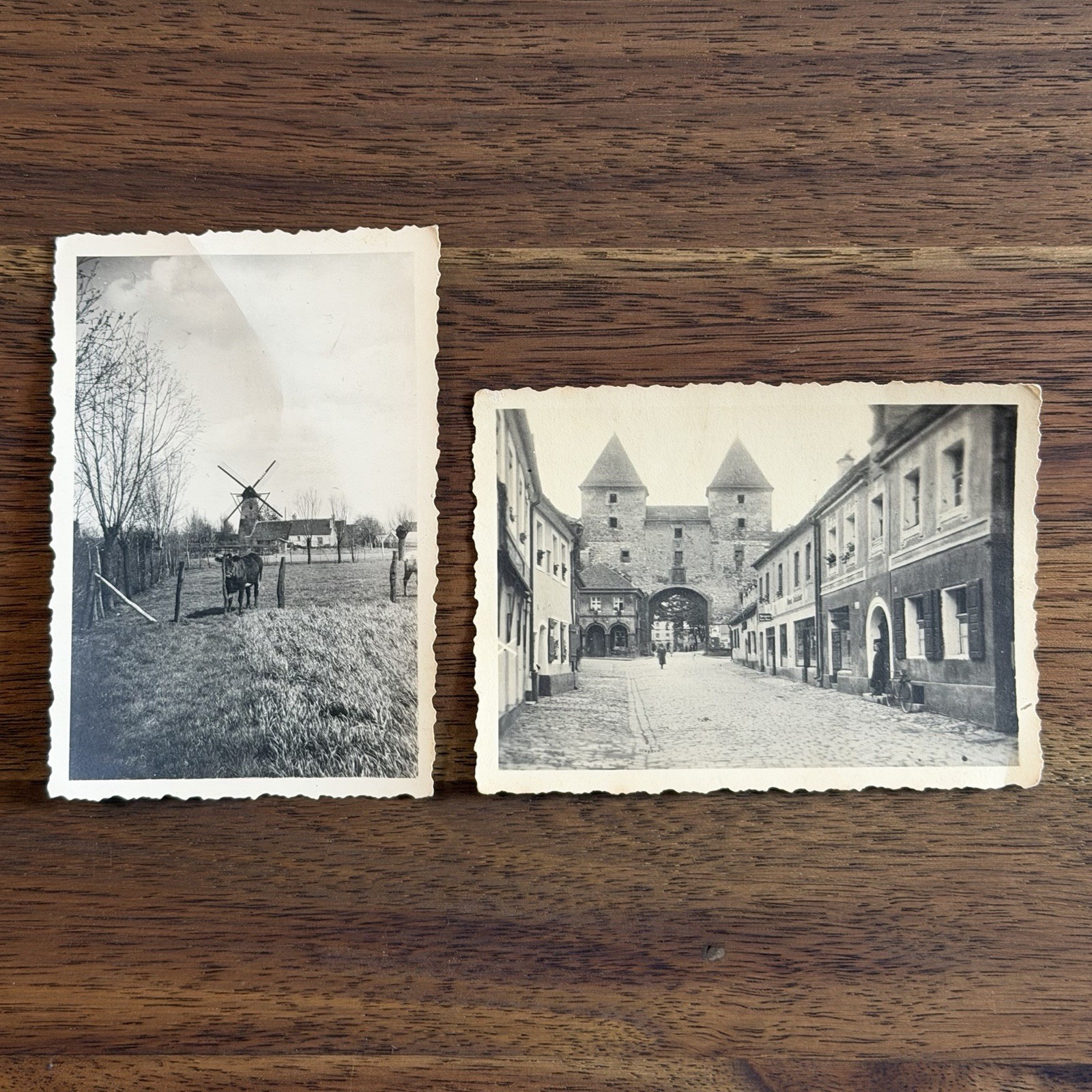 2 Vintage German WWII Photo Lot 1936 Amberg Gate & 1941 Flanders Windmill