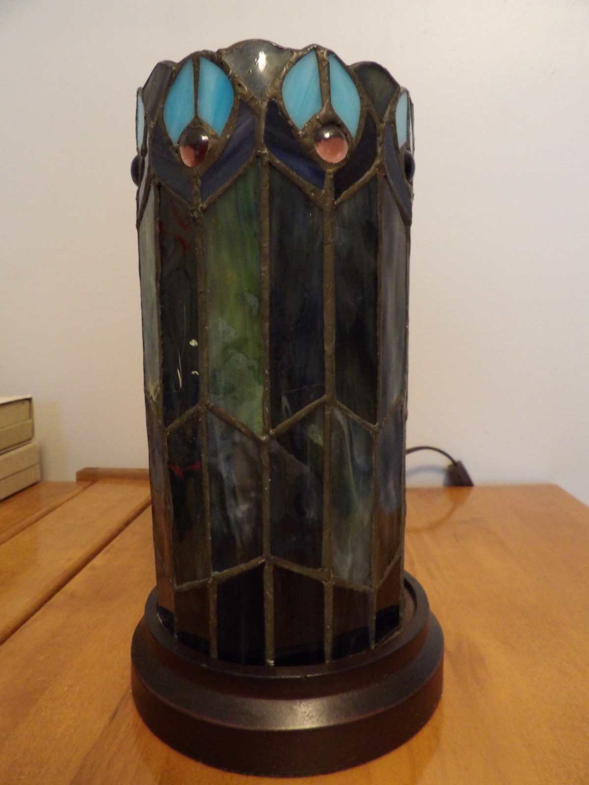 Tiffany Style  Leaded Stained Glass Pillar Table Lamp 10.5"