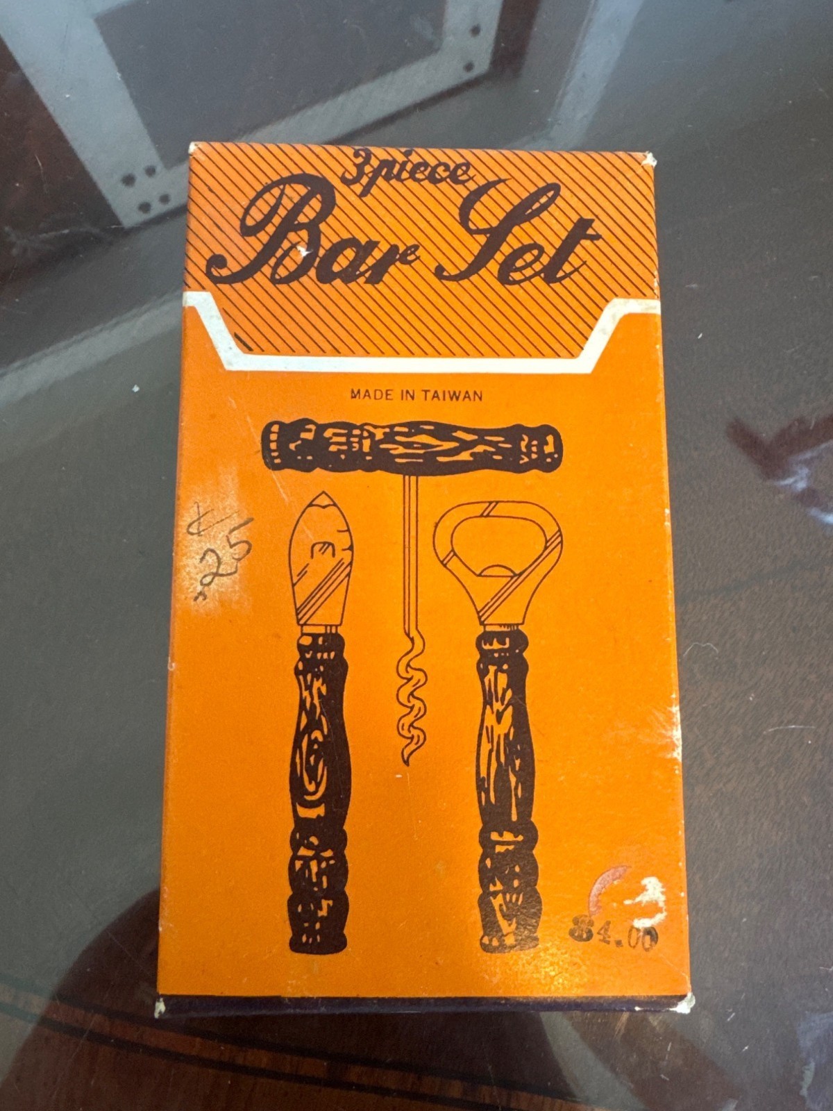 Vintage 3 Piece Bar Set Wooden Handle Bottle Opener Corkscrew Taiwan       66-33