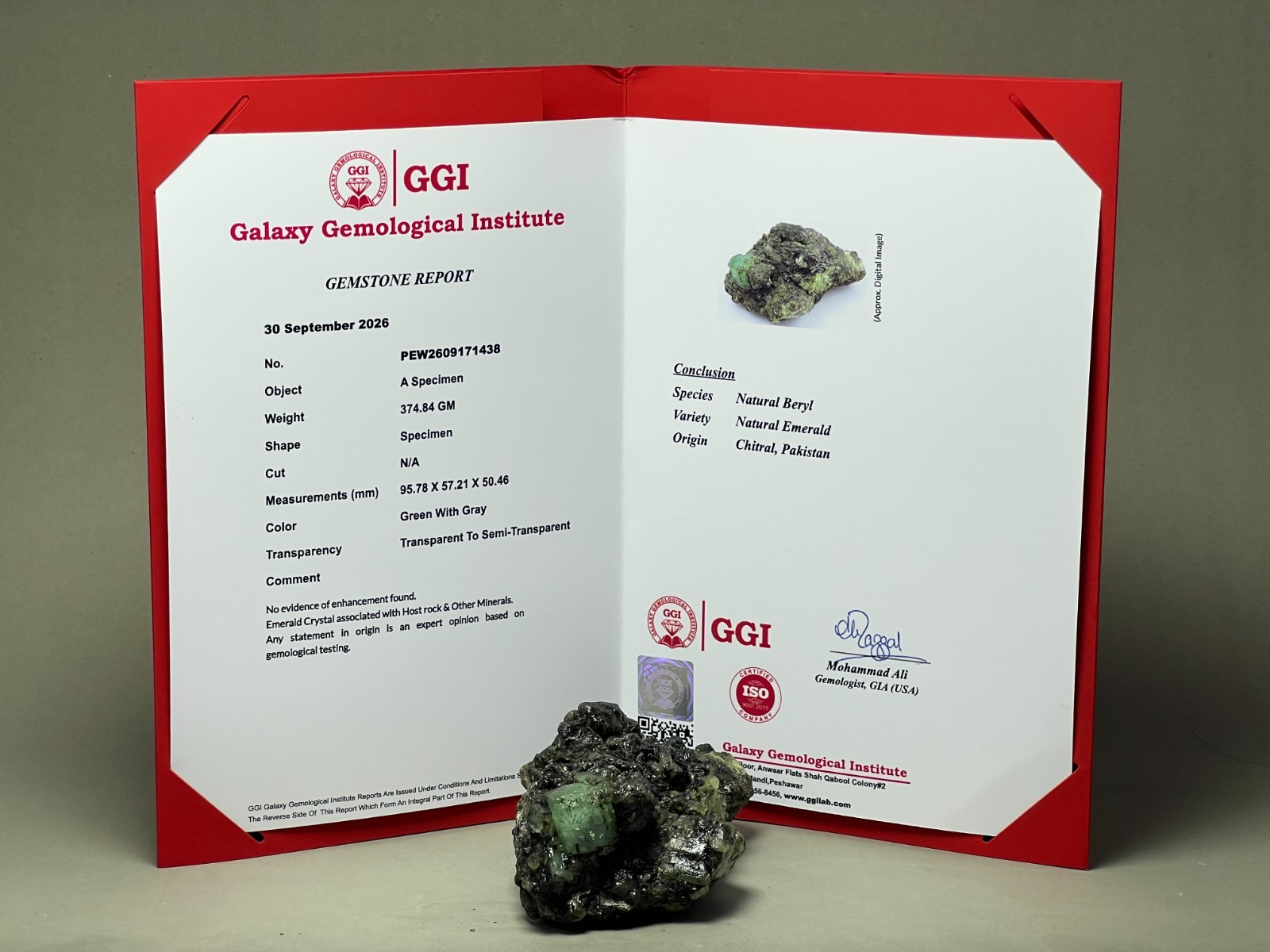 GGI Certified Natural Emerald Specimen Crystals on Matrix - 374 GRAM Chitral,PAK GGI Certified Natural Emerald Specimen Crystals on Matrix - 374 GRAM Chitral,PAK