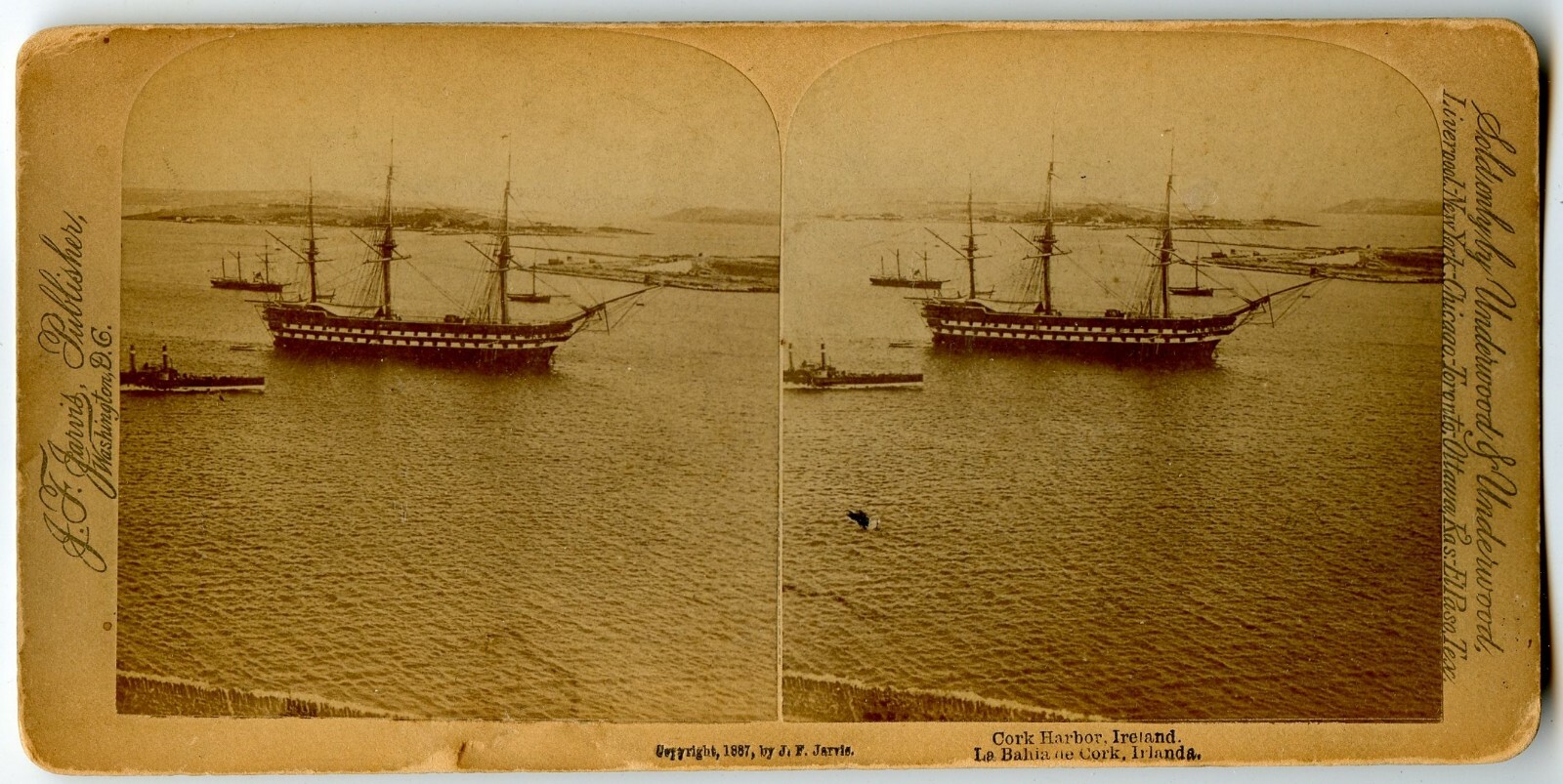 La Bahia de Cork Harbor, Ireland Sail Ship, Navy ?  Vintage Photo Stereoview