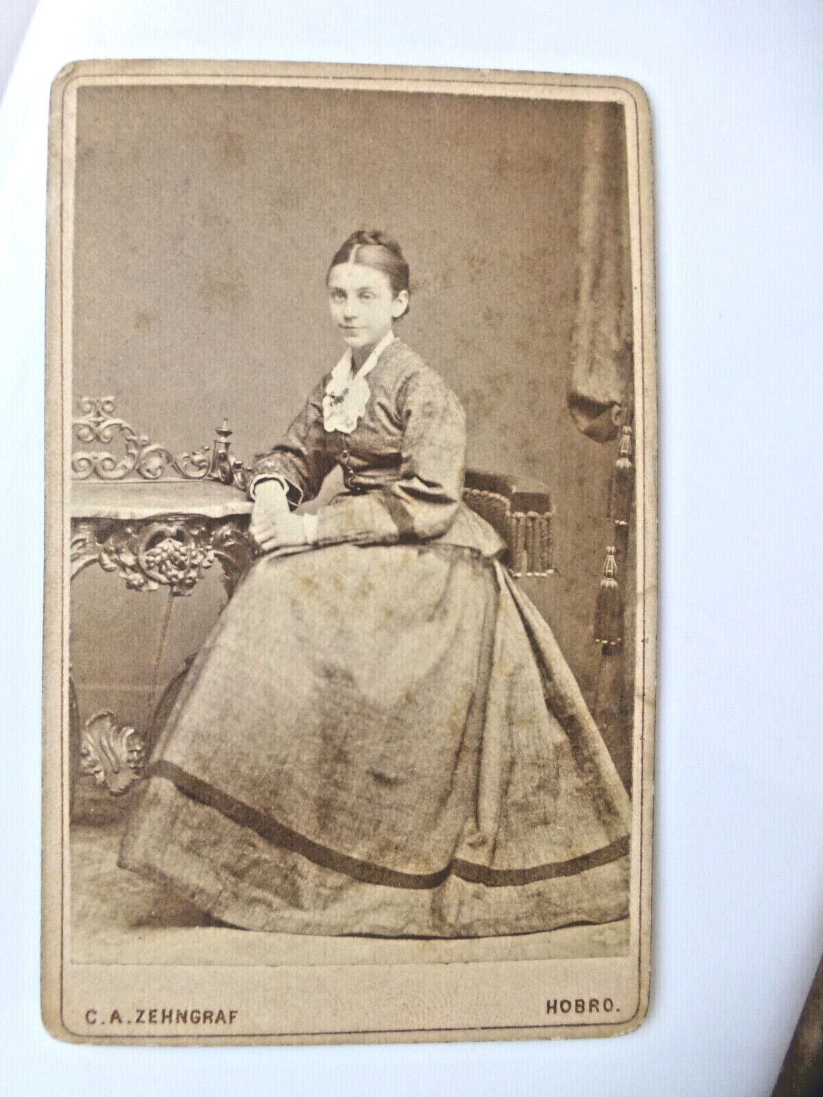 Antique CDV Cabinet Photo Young Lady Seated Big Skirt Dress Hands Folded on Lap