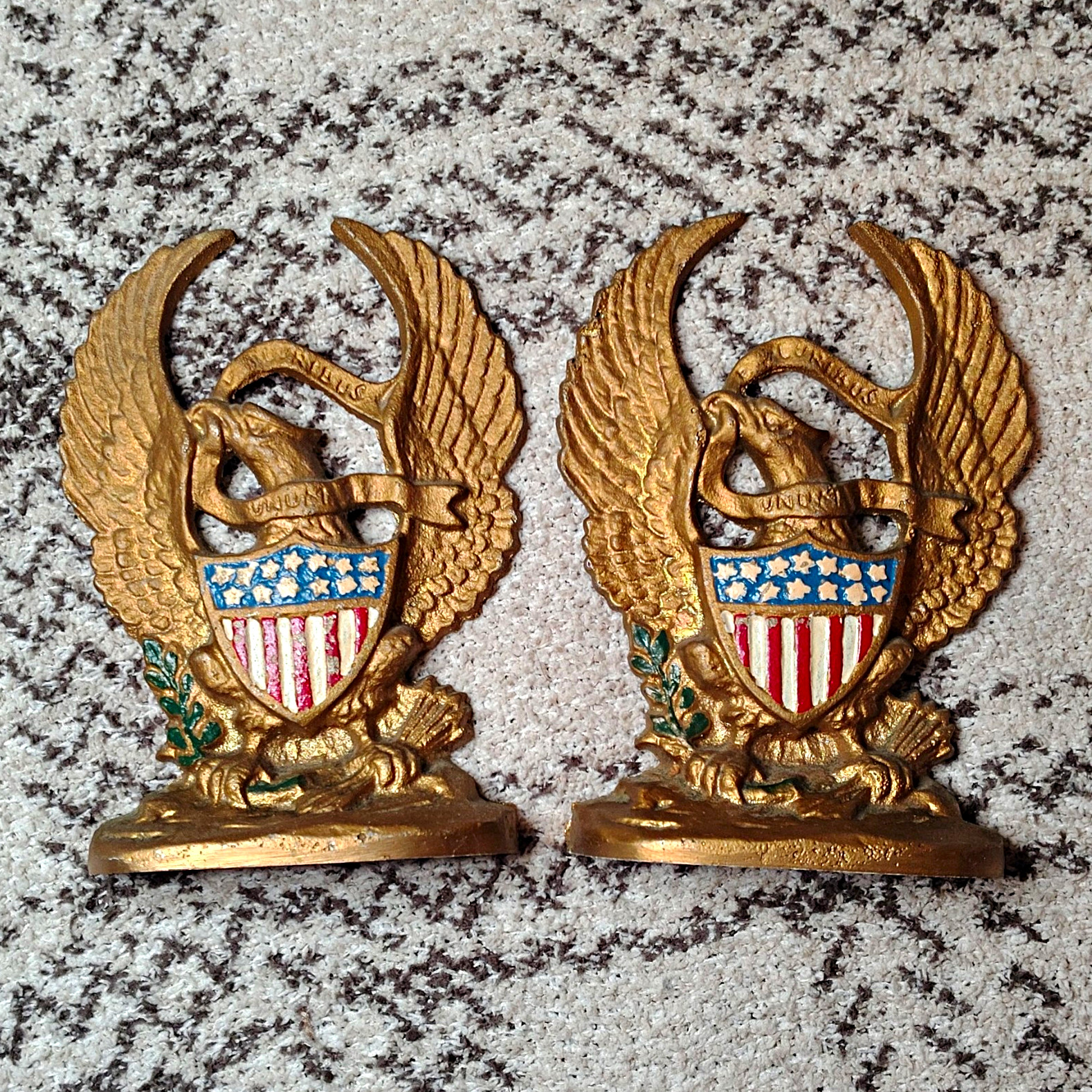 Pair of Vintage Cast Iron American Bald Eagle W/ Shield Book Ends